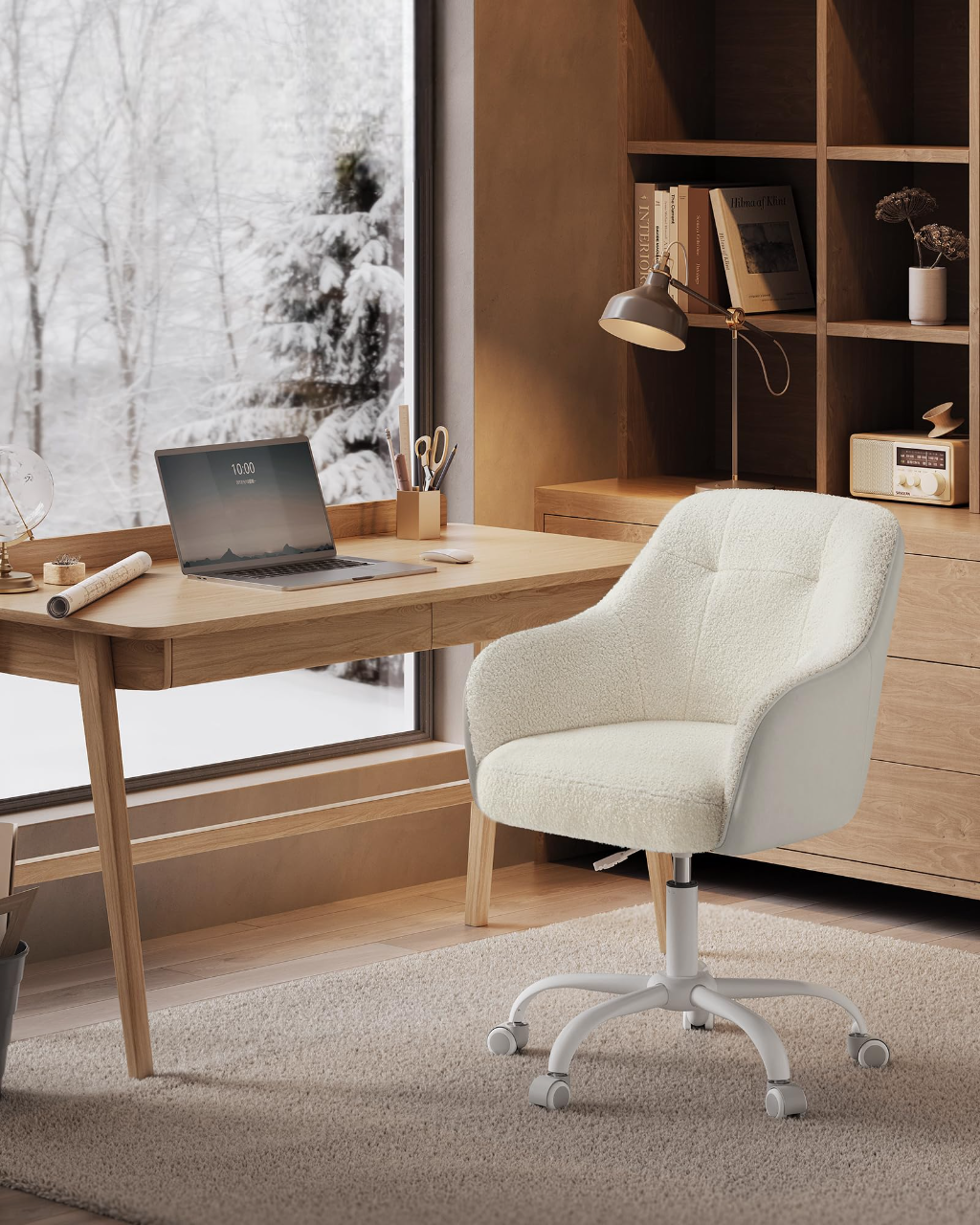 Silla de oficina giratoria y cómoda, altura ajustable, capacidad de carga 120 kg, estructura de acero, terciopelo, beige - 4