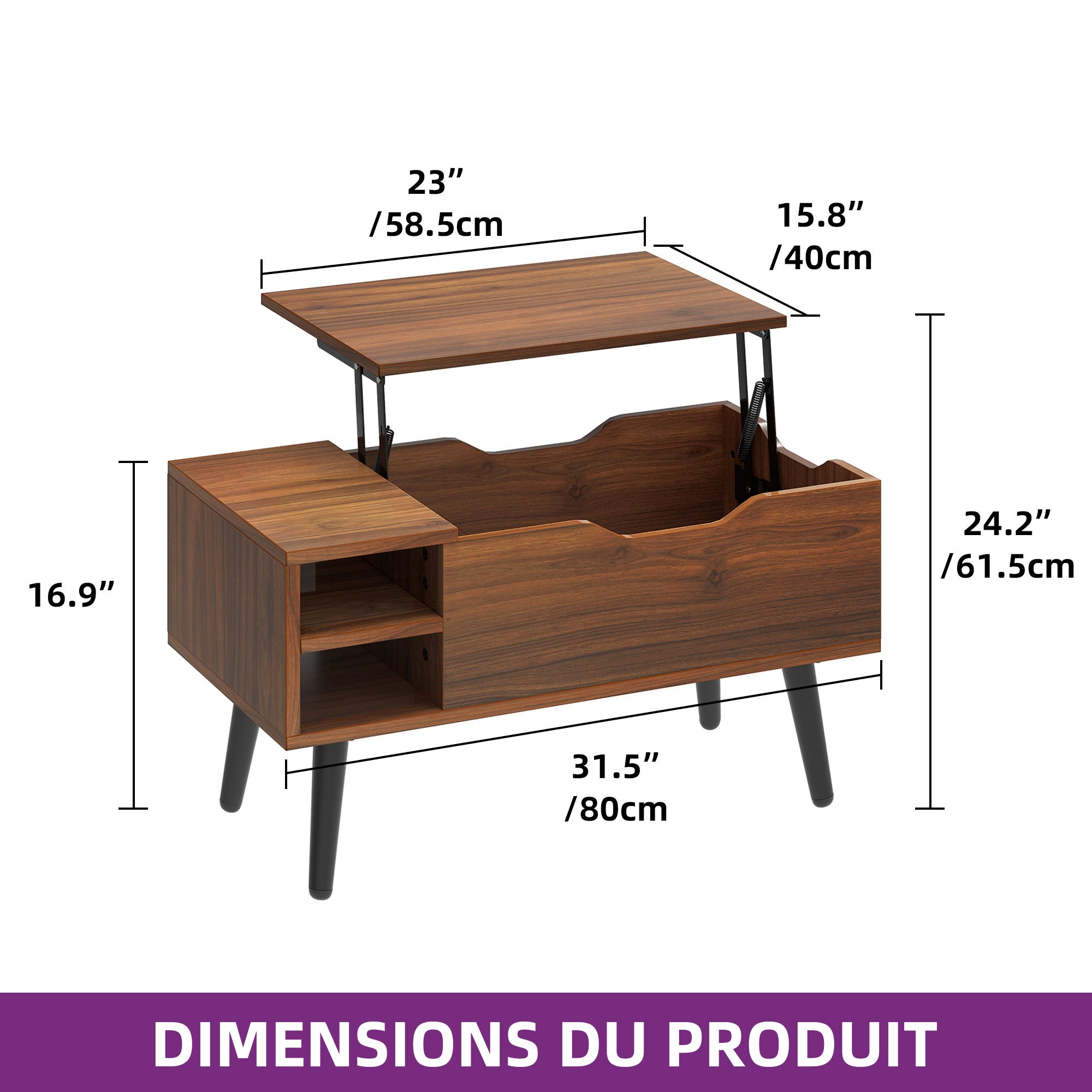 Balconera Table basse Plateau Relevable - 80 x 40 x 61,5 cm- Noyer - 4