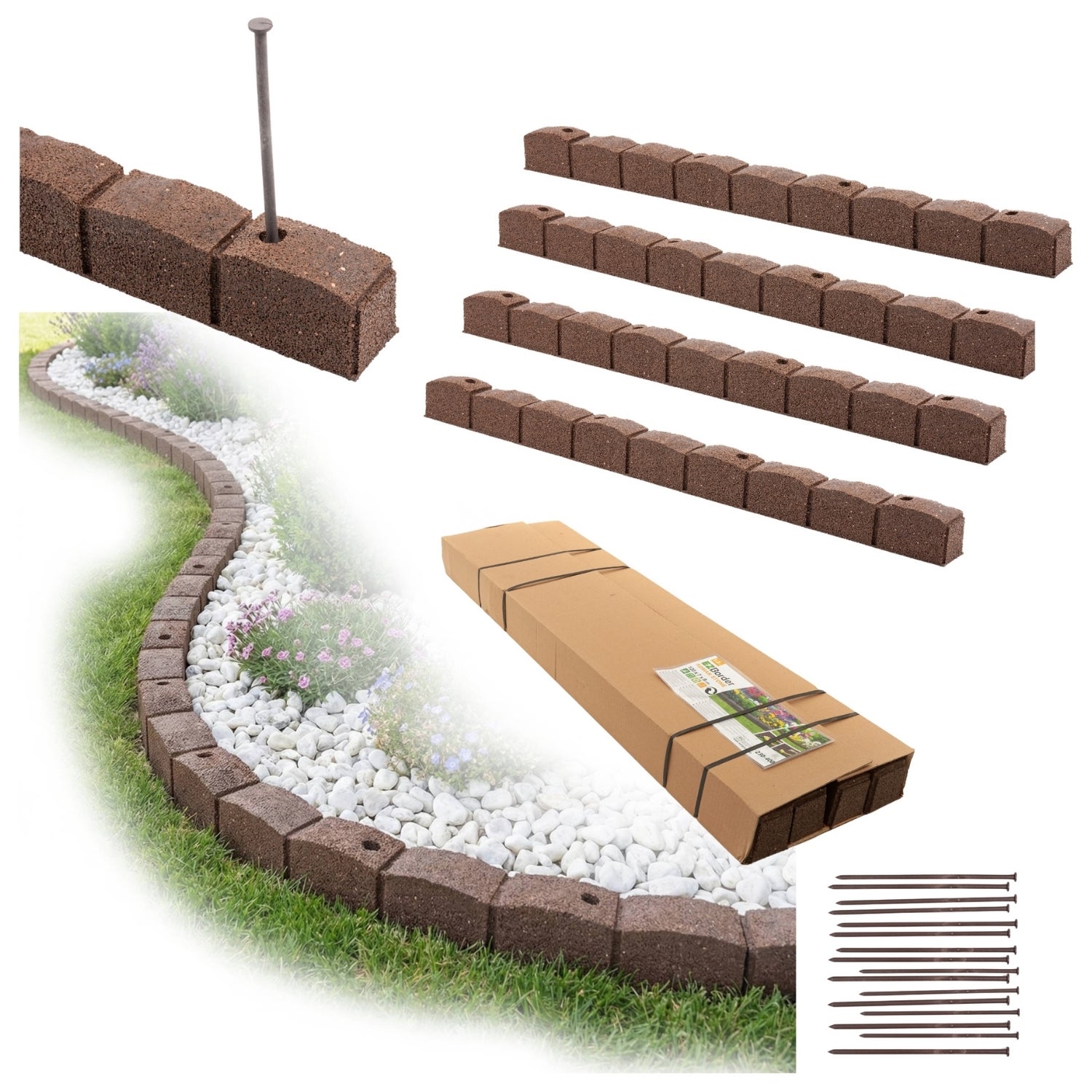 Obrzeże trawnikowe ogrodowe 4,8m zestaw 4 sztuki 120x7x8 cm Roman Stone z zestawem montażowym 4x4 szpilki kolor brązowy