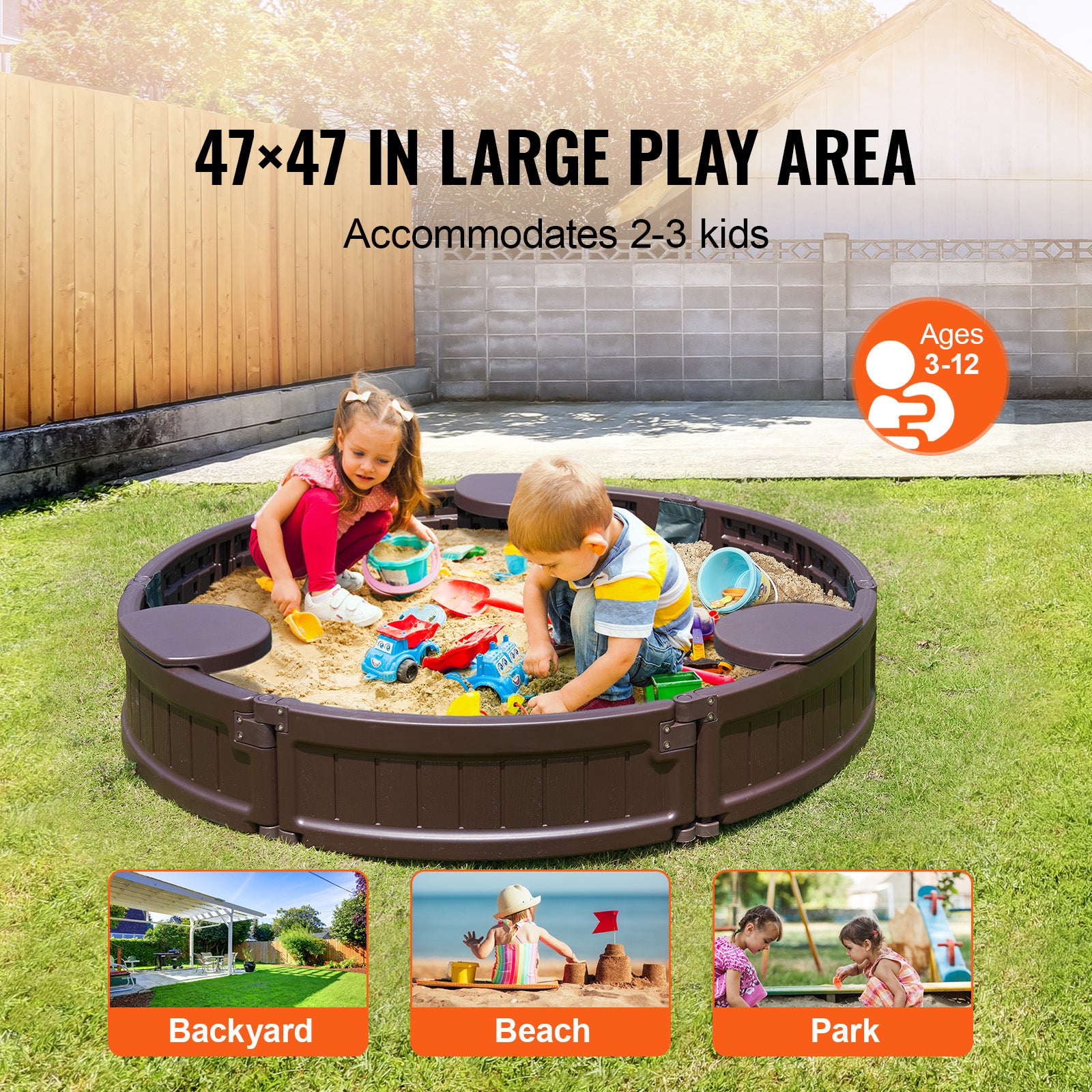 Caixa de areia com tampa,SucceBuy redonda 47,2 x 9,1 polegadas,em PEHD com 3 assentos de canto e revestimento inferior para jardim,praia,parque - 4