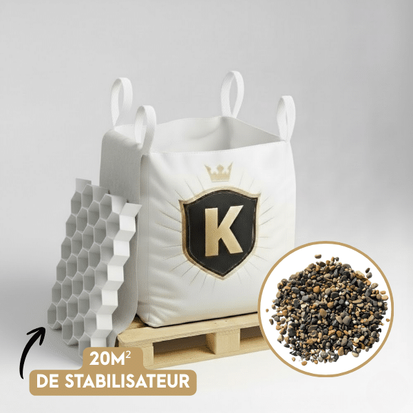 Kit Galets gris + dalles stabilisatrices = 1 Big Bag galet lavé Durance 6/16 1,5T [environ 20m2] + 20m2 dalles stabilisatrices blanches