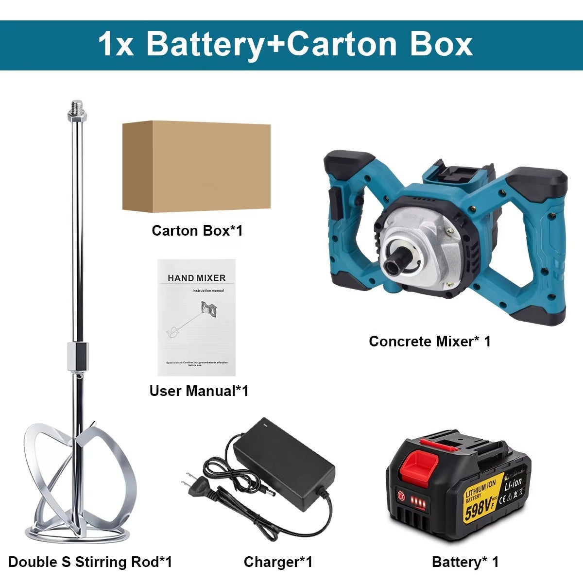 Mélangeur électrique sans fil pour béton, mortier et plâtre, à 6 vitesses, avec moteur sans balais, compatible avec les batteries Makita 18 V. - 8
