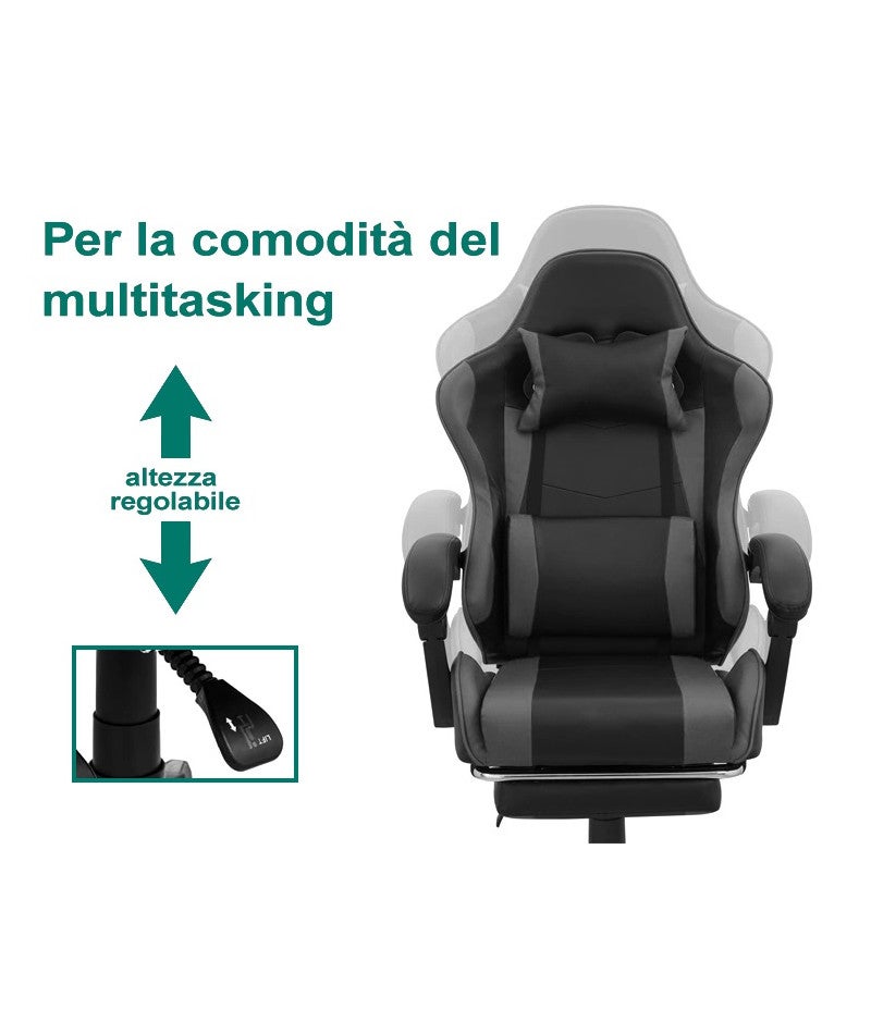 Sedia Poltrona Gaming Ergonomica Reclinabile con Poggiapiedi Poggiatesta e Supporto Lombare Ruote Girevoli Nero/Grigio HLD-920 - 4