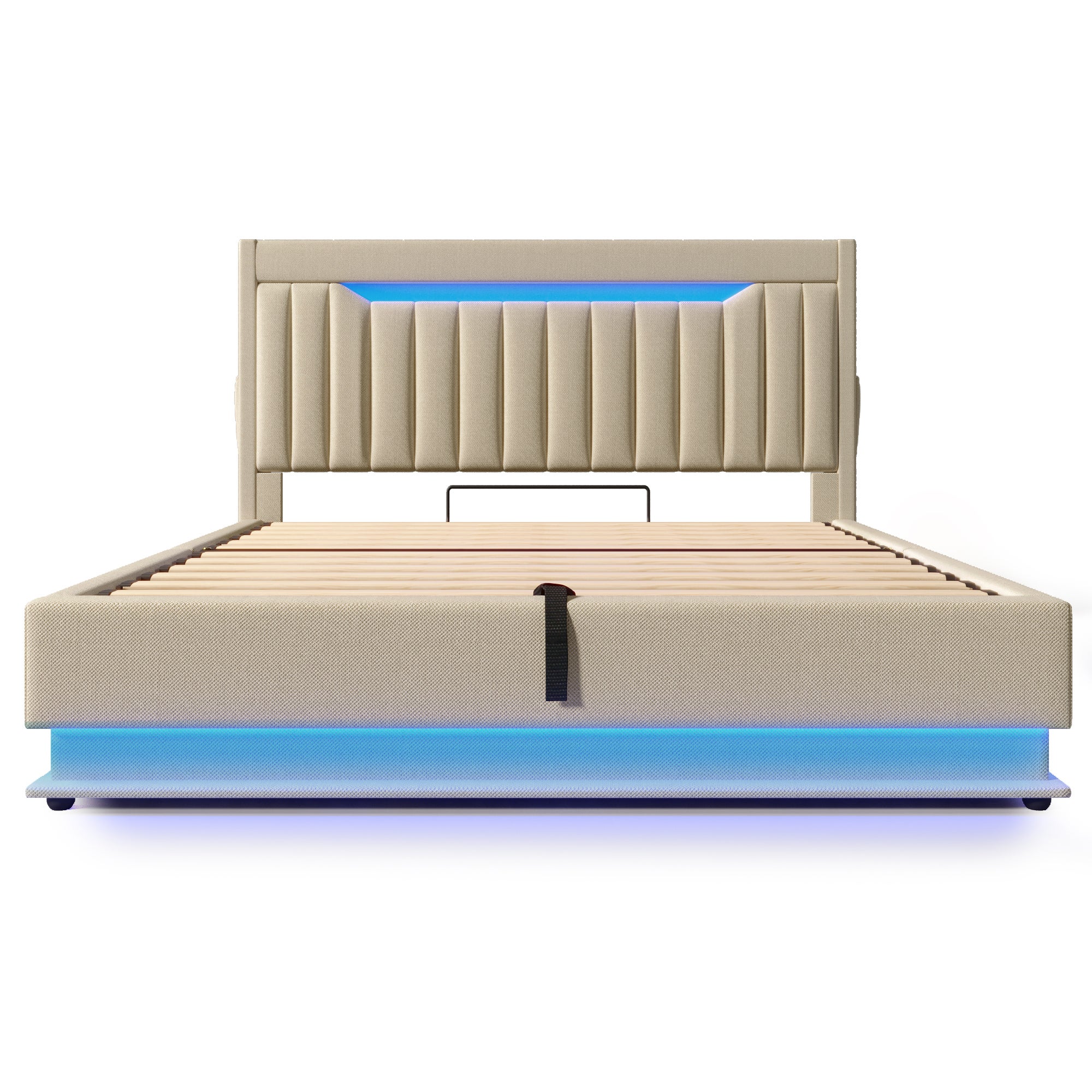 Lit coffre 160x200 cm, lit double hydraulique, tête de lit avec rangement comprenant des ports USB et Type-Cet lumière LED, beige, lin, Sans matelas. - 4