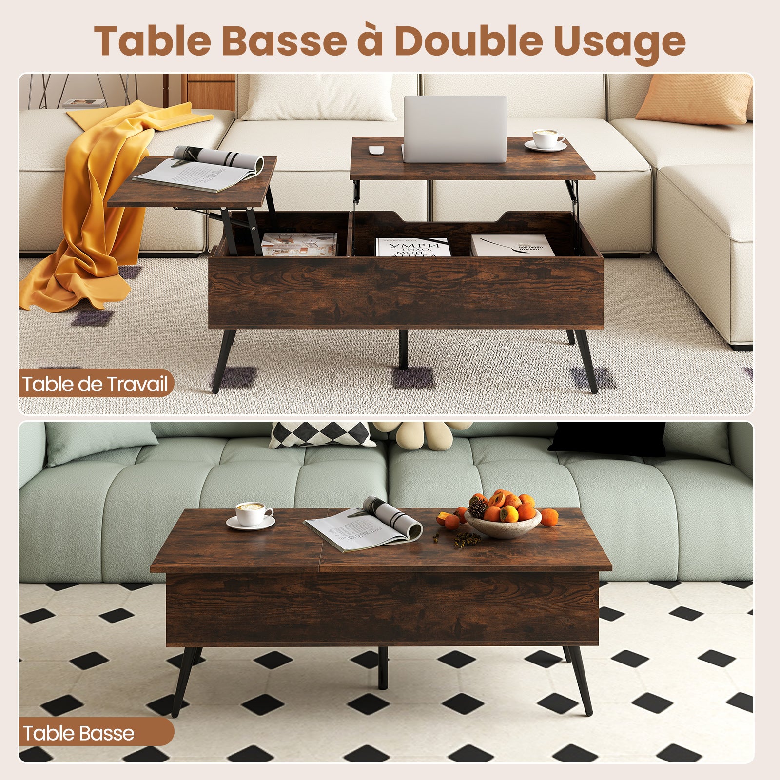 Stolik kawowy z regulacją wysokości, stół do salonu z podnoszonym blatem i 2 ukrytymi półkami, sbiura, 111 x 48 x 40-53,5 cm (brązowy) - 6