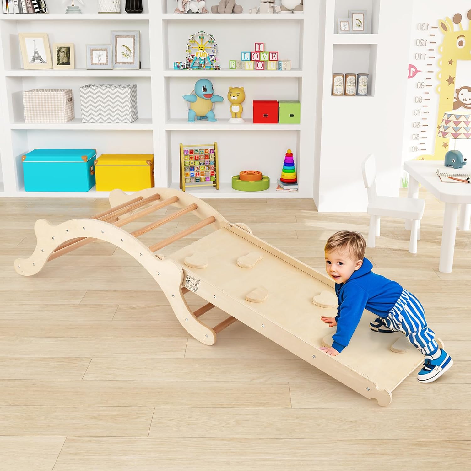 4 en 1 Arche d’Escalade Montessori Enfant Bois avec Toboggan Ajustable en Bois, avec Coussin Charge 60KG pour Bébé 1 an+ (Naturel Plus) - 7