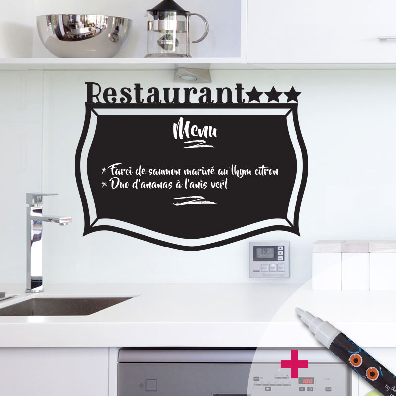 Vinilo pizarra restaurante 3 estrellas + líquido tiza blanca - adhesivo pared - sticker revestimiento - 55x75cm