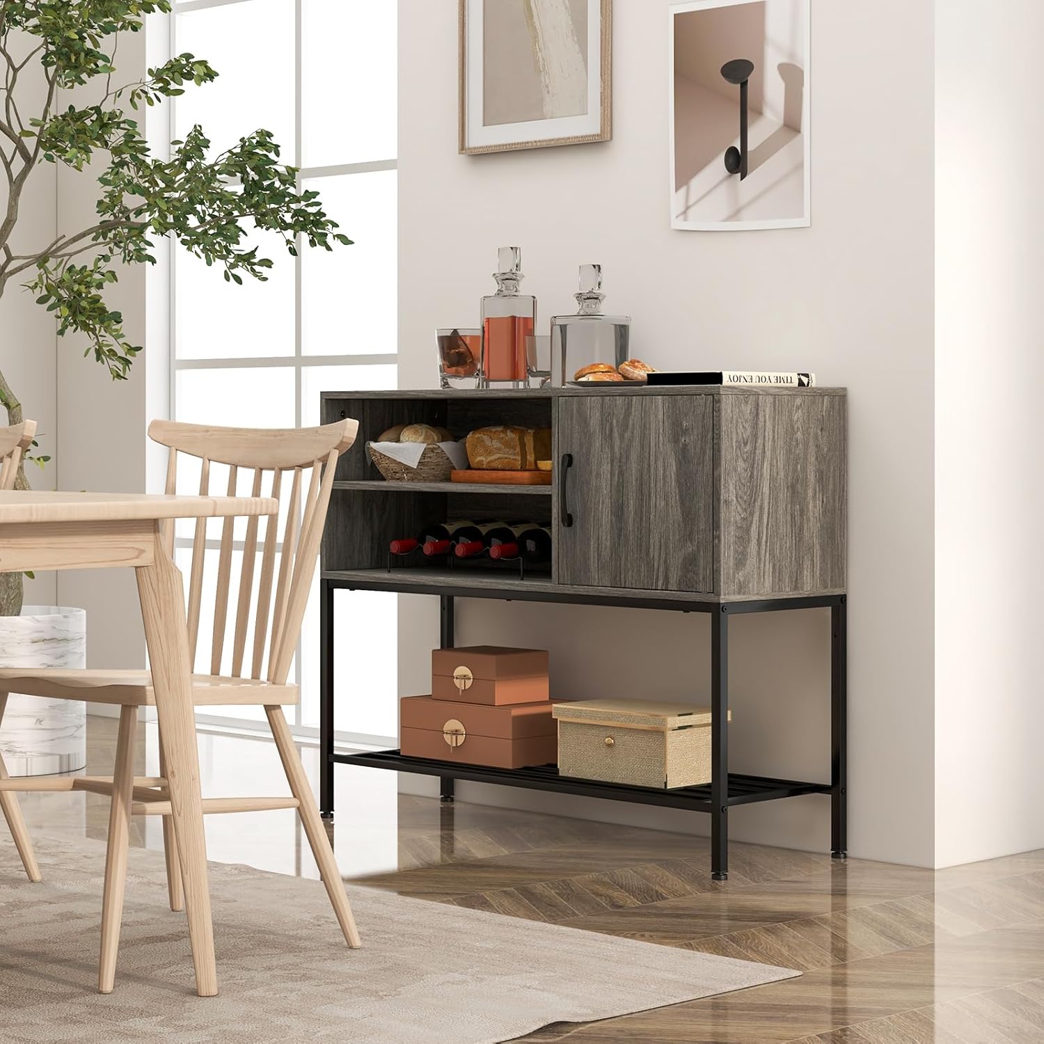 Credenza In Legno 92x35x75cm - Grigio Cemento | Per Soggiorno O Camera | Molto Spaziosa