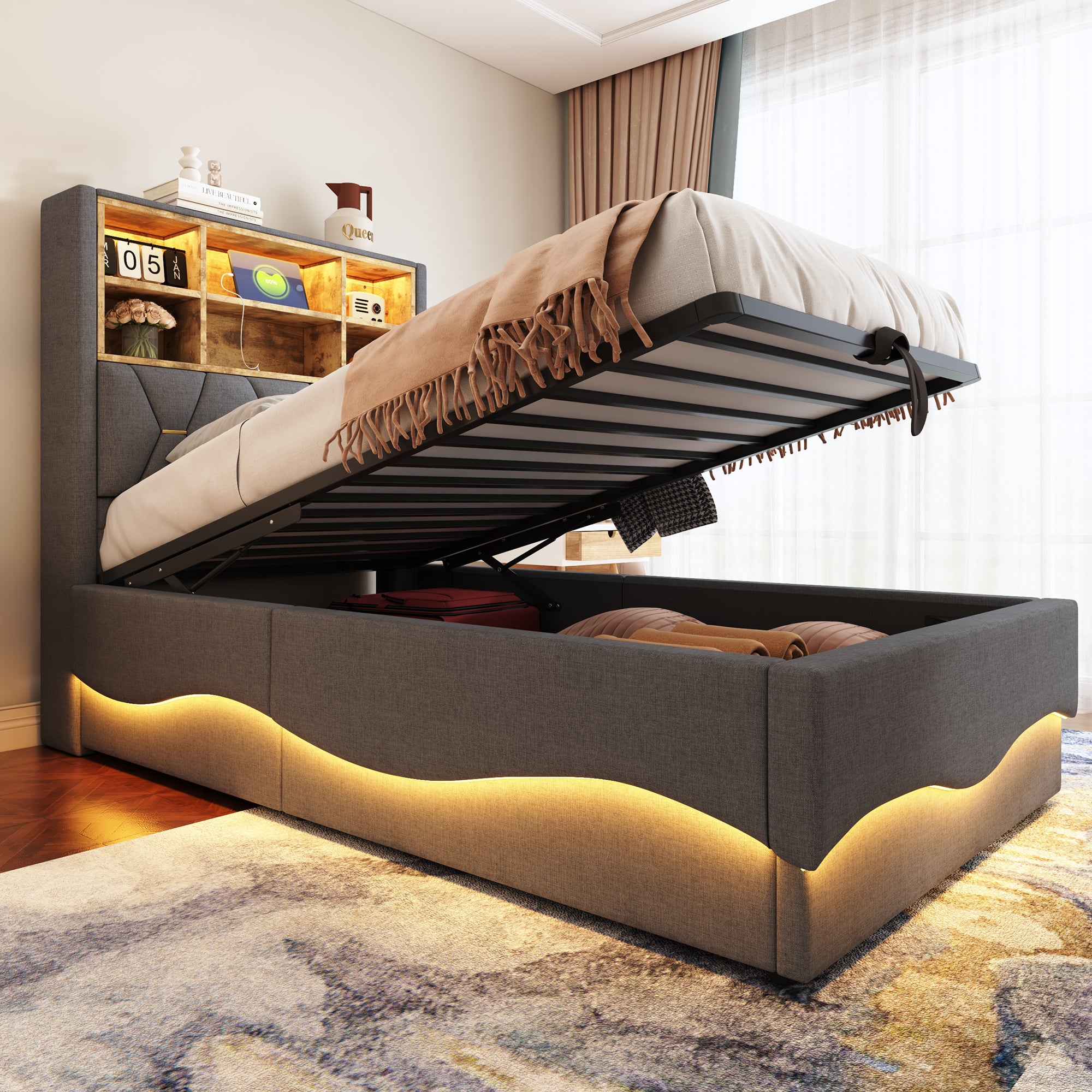 Lit Enfant 180x200 Cm Avec Rangement Hydraulique Et Bandes LED - Contrôle Par App, Port USB, Sommier Lattes Métal - Tissu Lin Beige