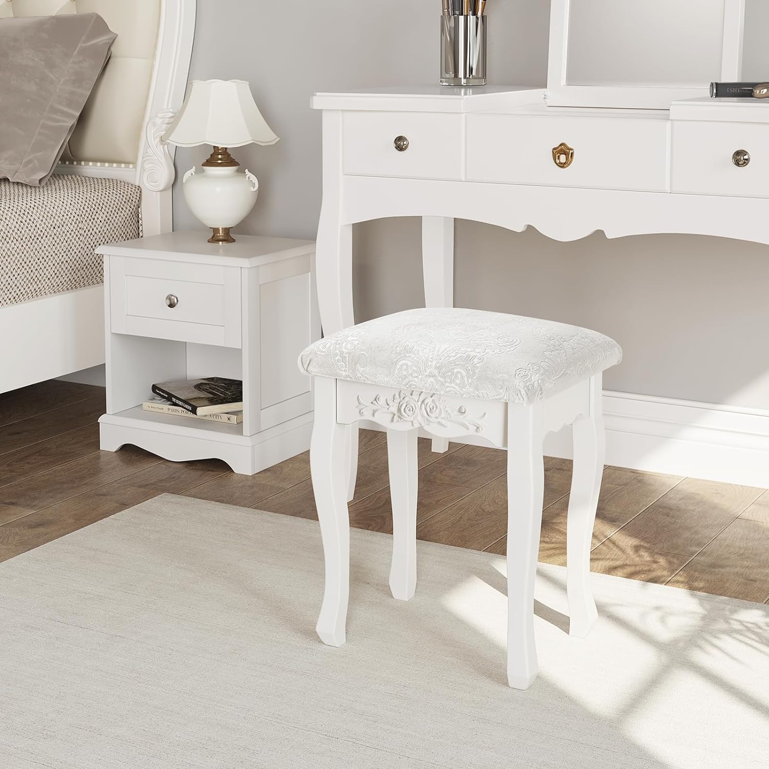 Tabouret de Coiffeuse 37x30x50cm WOLTU, Vintage Rembourré, Chaise de Maquillage et de Chambre, Style Baroque, Blanc Crème - 2