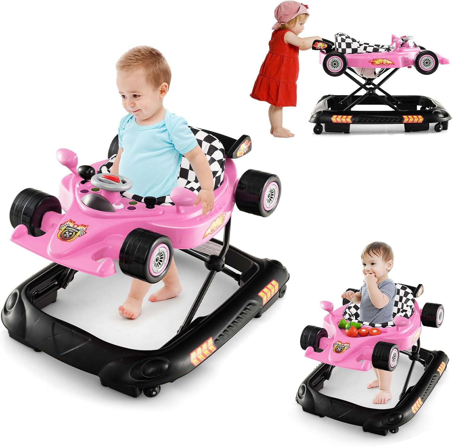 Trotteur Bébé 2-en-1 Hauteur Réglable - Avec Musique, 8 Roues, Auvent - Couleur Kaki - 62x68x36-81cm