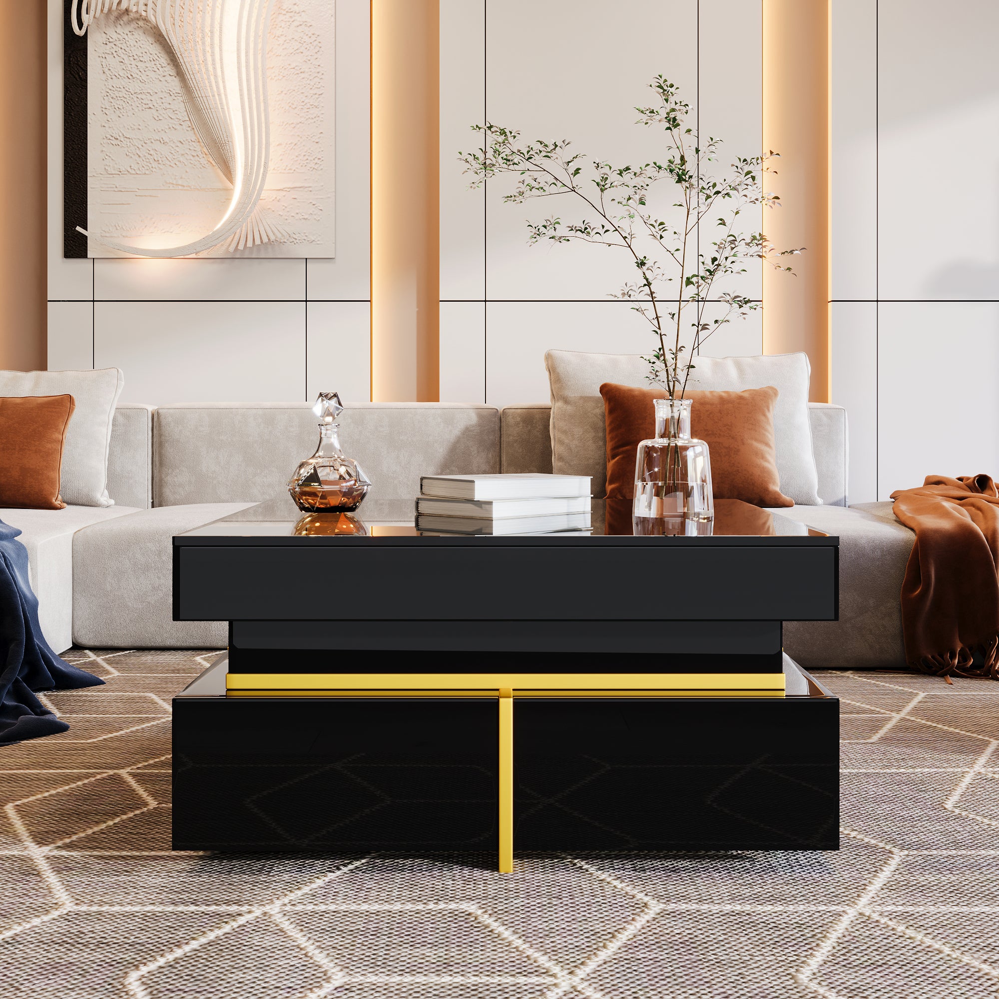Table basse, table de salon brillante, table d'appoint avec tiroirs et touches dorées - 4