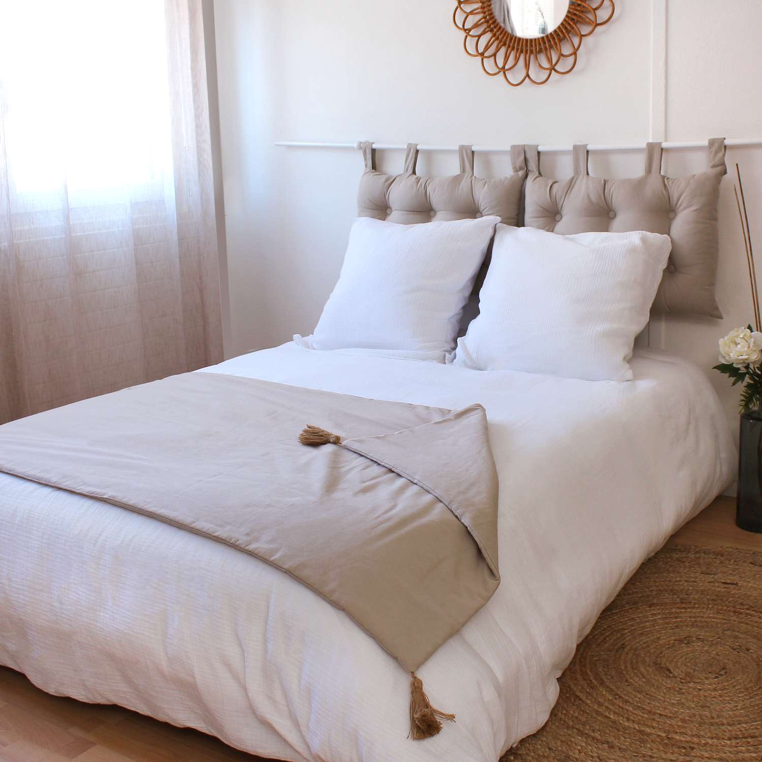 Plaid Marron Chocolat Dessus De Lit Édredon Décoratif Enjoy Home - 90x190cm - 100% Coton OEKO-TEX - Bleu Marine Avec Pompons Jute - Collection Panama Edredon En Coton édredon Pompons Jute Collection Panama