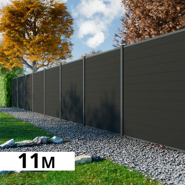 Kit Clôture Bois Composite Anthracite 11x1,8m RIO - Poteaux en Aluminium Gris - Brise Vue - Palissade