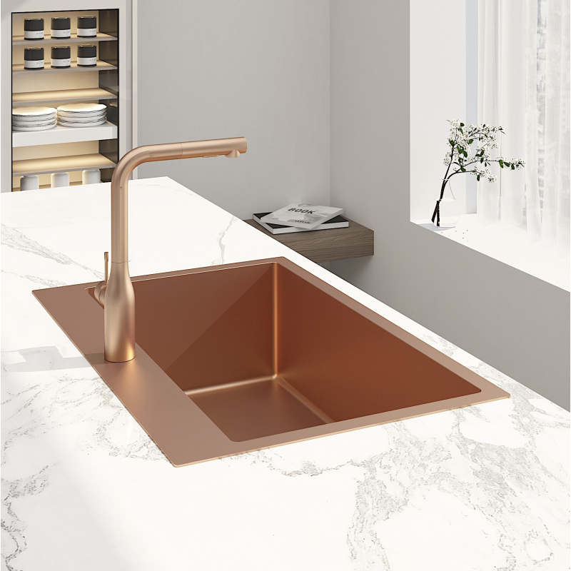 Swiss Aqua Technologies Aurum Évier de cuisine encastrable inox 304, 1 bac, 68x45x21 cm, Cuivre brossé PVD - 3