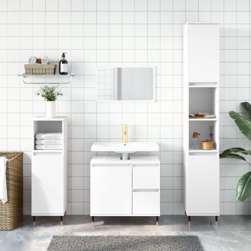 VidaXL Armoire De Salle De Bain Murale - Blanc Brillant, Bois D’Ingénierie, 30x30x130 Cm, 5 Compartiments + 2 Portes