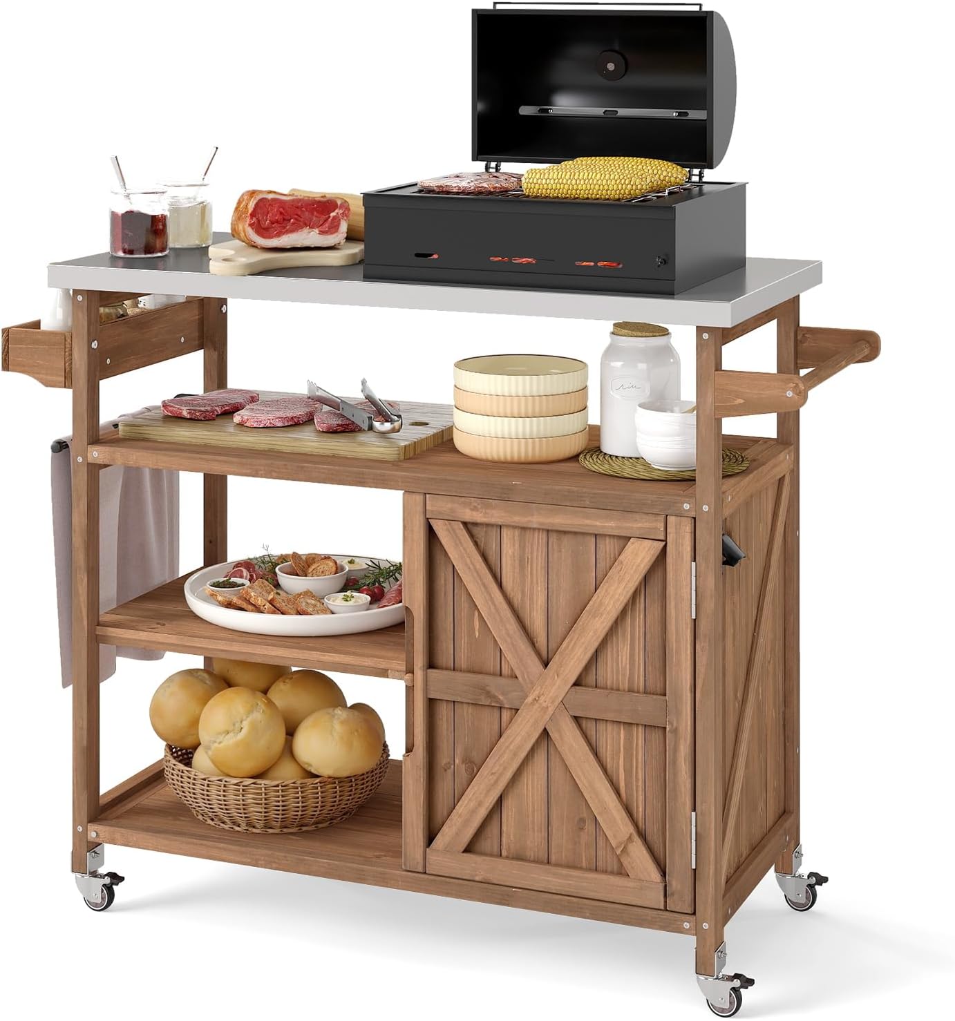 Szafka Ogrodowa z Płytą do Grillowania, Drewniana Szafka Ogrodowa z Blatem ze Stali Nierdzewnej, 3 Otwarte Regały (47 x 118 x 92 cm, Naturalna)