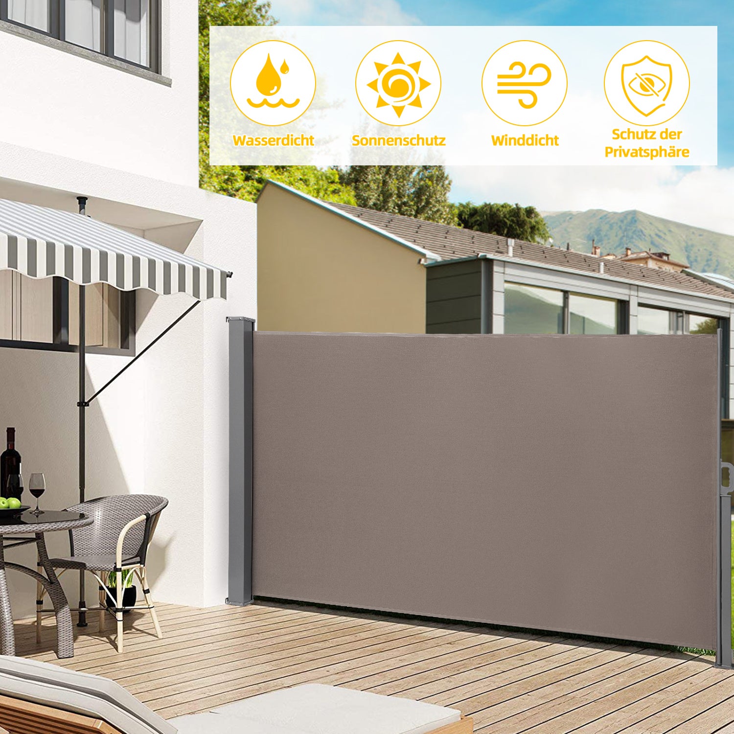 Tidyard Tenda Laterale Retrattile Per Terrazzo E Balcone – 600x160 Cm, Grigia, Protezione UV E Vento, Avvolgimento Automatico - 6