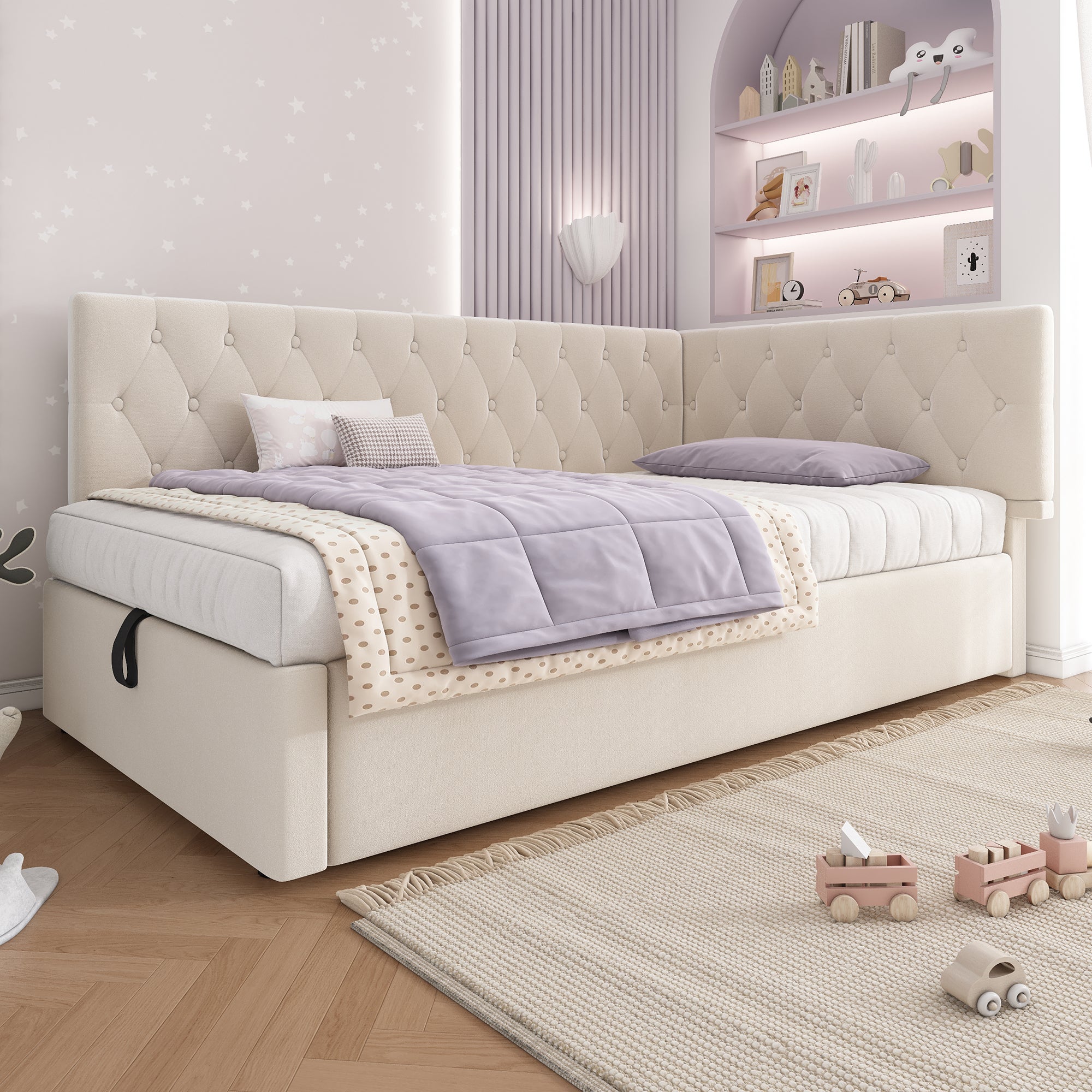 Rozkładana sofa 90 x 190 cm, z hydraulicznym schowkiem, z aksamitu, kolor beżowy.