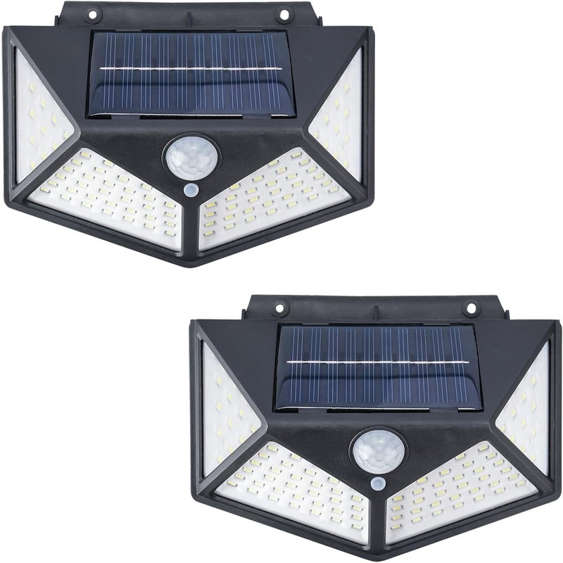 2 Zewnętrzne lampy solarne, lampa ogrodowa z czujnikiem ruchu, 100 LED, wodoodporność IP65, reflektor ścienny do drzwi wejściowych, ogrodu, garażu
