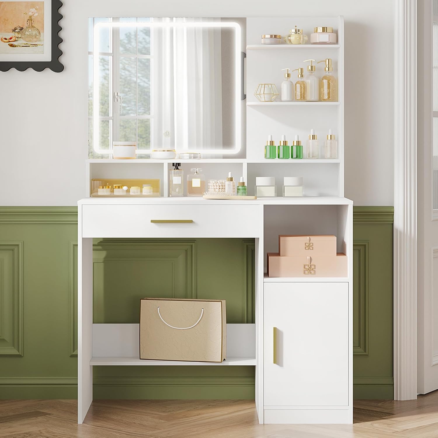 Coiffeuse avec Miroir et éClairage LED, 3 éTagèRes et 4 Compartiments Ouverts, Grands Tiroirs et Rangements, 3 Niveaux D'Intensité RéGlables, Blanc - 2