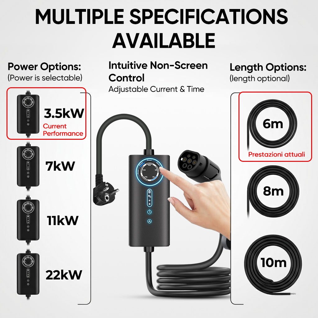 Carregador Portátil para Veículos Elétricos 3.5kW 16A Cabo 6m Tipo 2 IP67 Ajustável 6A-16A Programável Certificação CE - 2