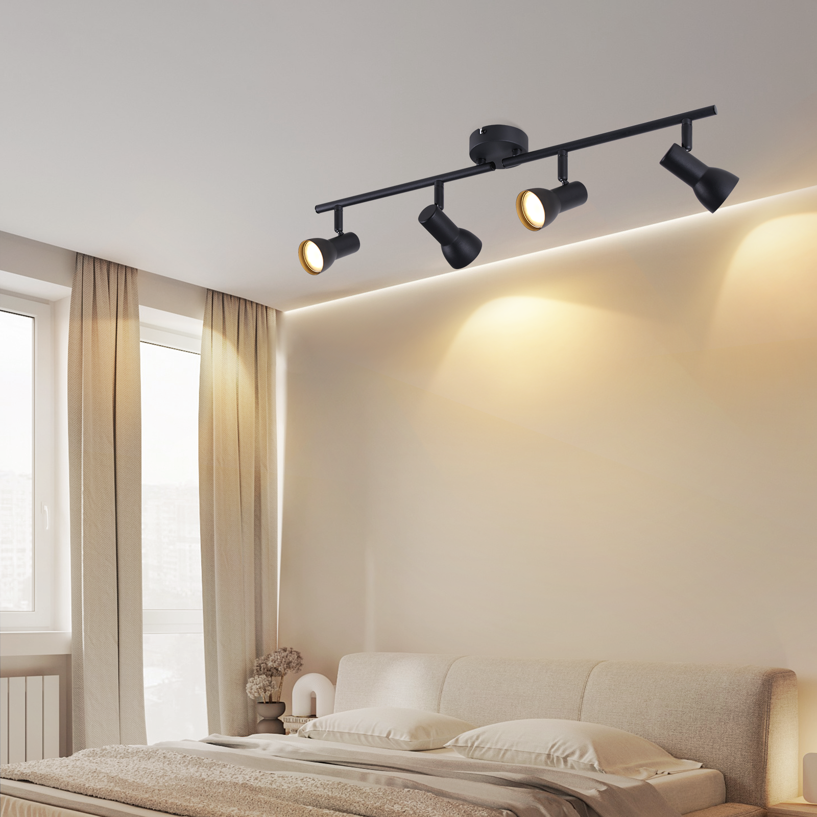 Projecteur Plafonnier 4 Spots Orientables GU10 – Style Vintage Bois & Noir – Lampe Cuisine/Salon Réglable 350° – Sans Ampoules
