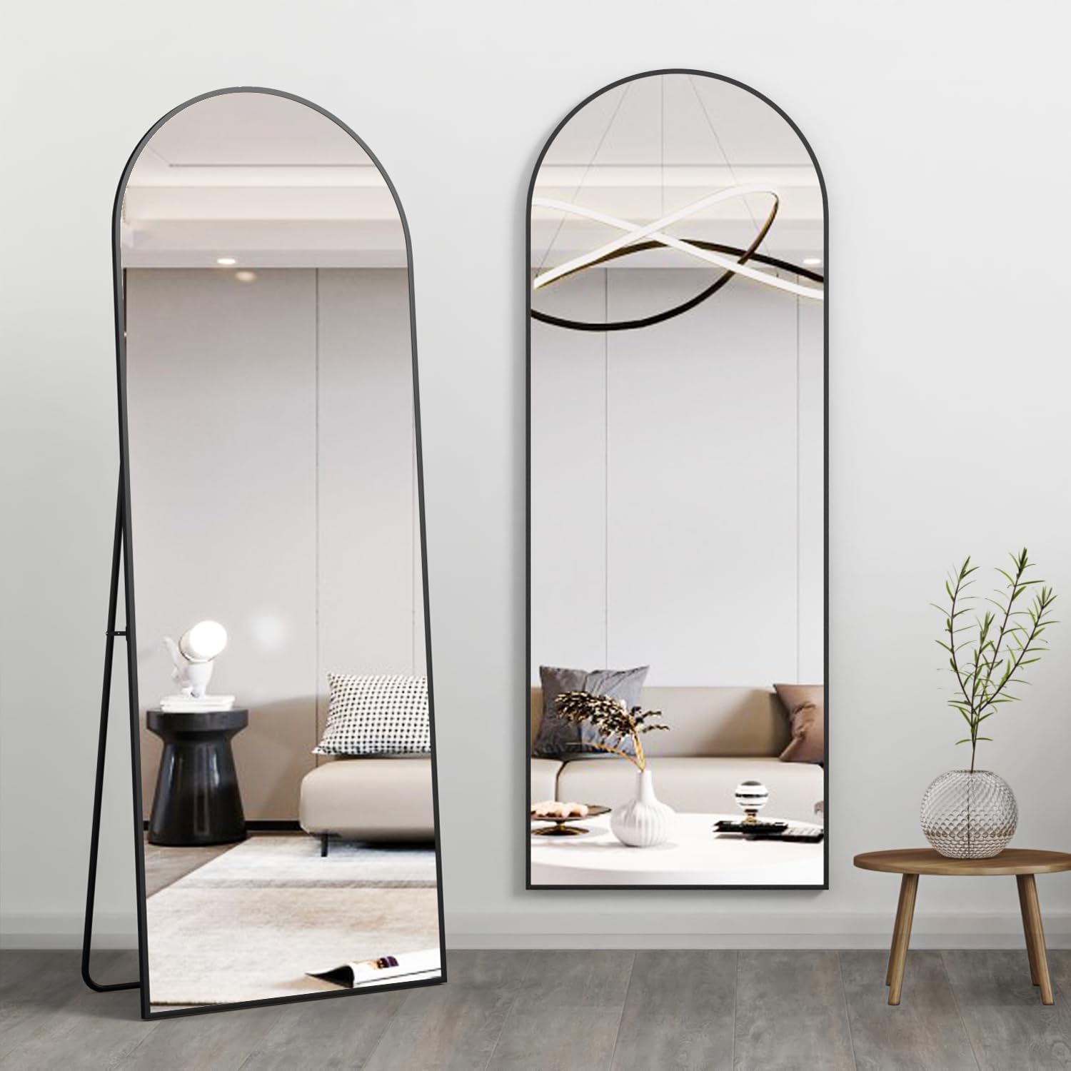 Miroir pleine longueur 162 x 53 cm, miroir de sol avec cadre en aluminium, miroir sur pied arqué lisse, noir - 5