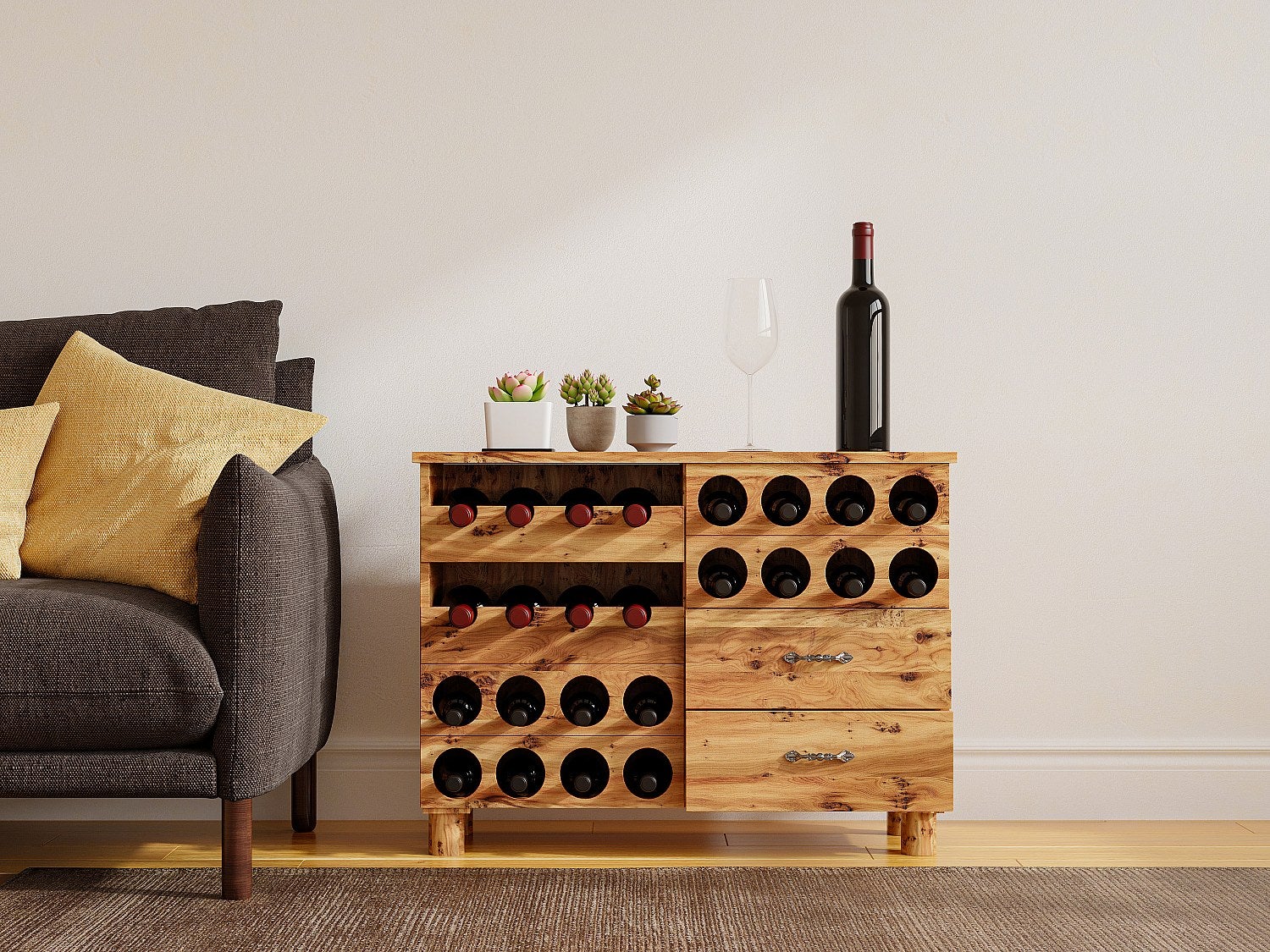 Komoda na wino z drewna sosnowego i MDF - szer. 90 x gł. 32 x wys. 69 cm - Naturalny - RIOJA
