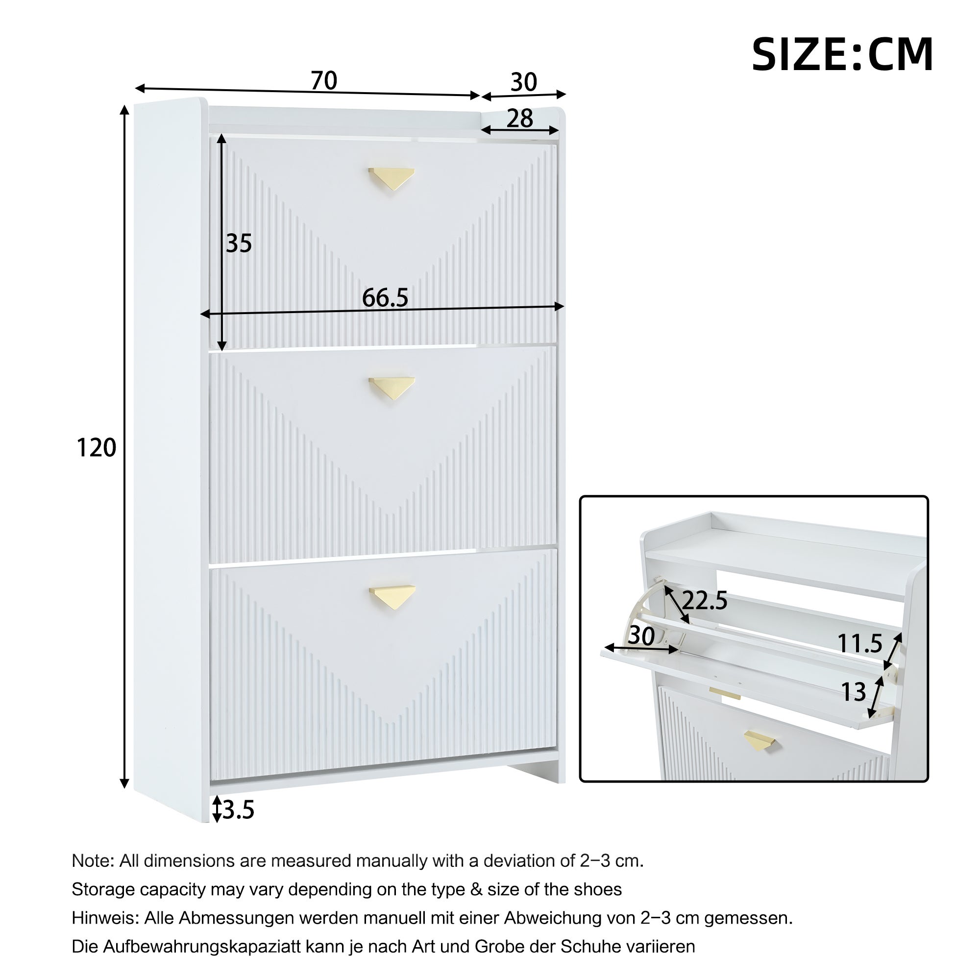 Meuble à chaussures avec 3 portes rabattables - 70 x 30 x 120 cm - MDF - Blanc - 7