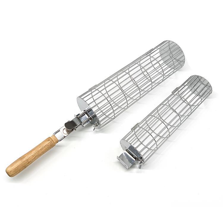 Klatka na kółkach ze stali nierdzewnej do grilla zewnętrznego (2 okrągłe klatki + 1 uchwyt), 50,5*7,5 cm