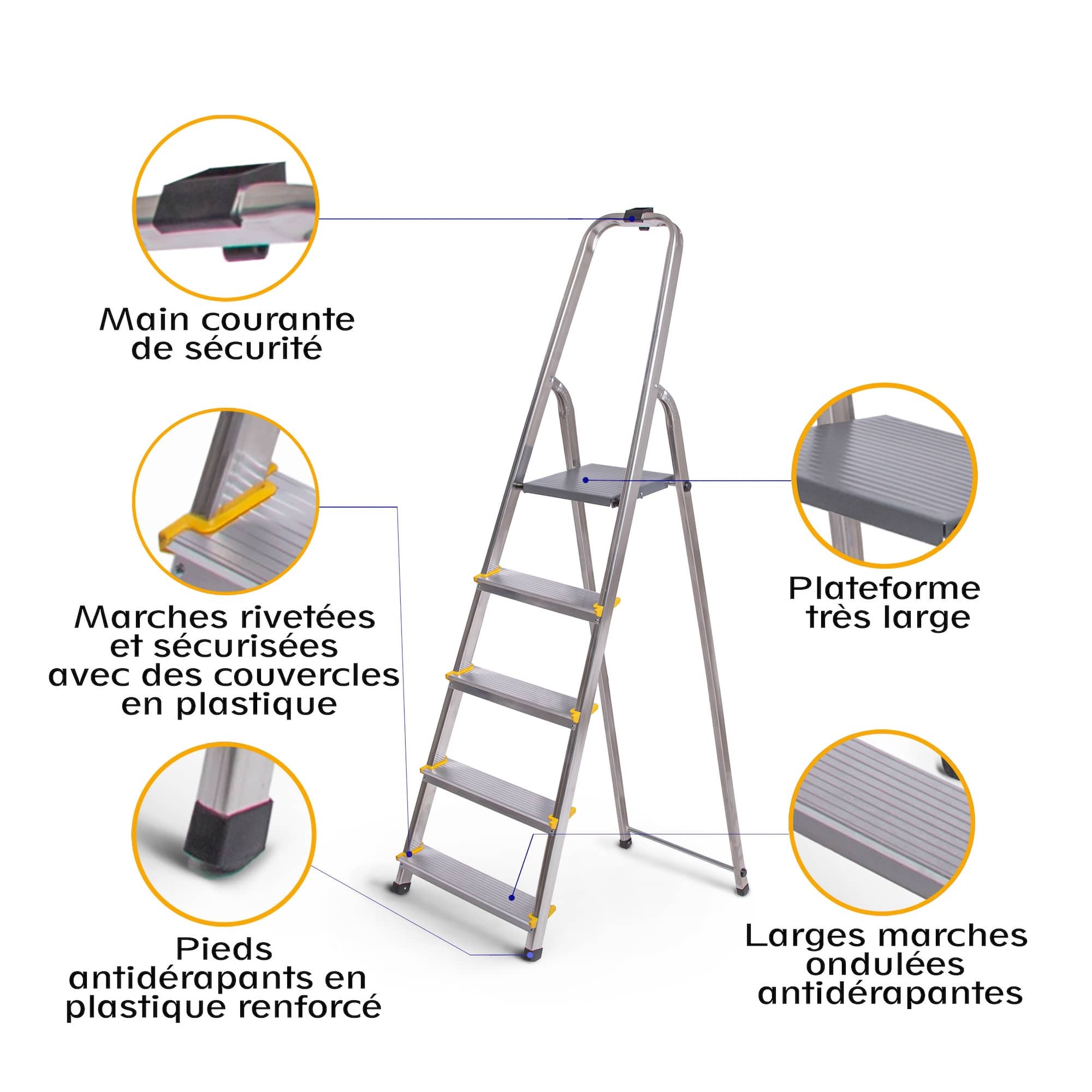 HOSTRÖM Escabeau 5 marches DURA pliable, marchepied léger en aluminium, hauteur plateforme 97cm, pieds antidérapants, charge 150kg, garantie 5 ans - 5
