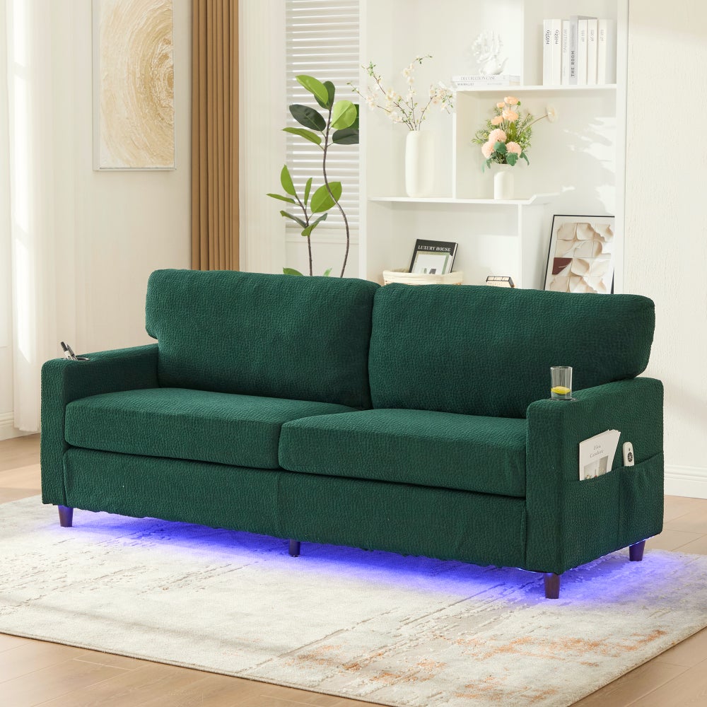 Nowoczesna sofa 2-osobowa, szenilowa, z USB-C, diodami LED, uchwytami na kubki, szmaragdowo zielona