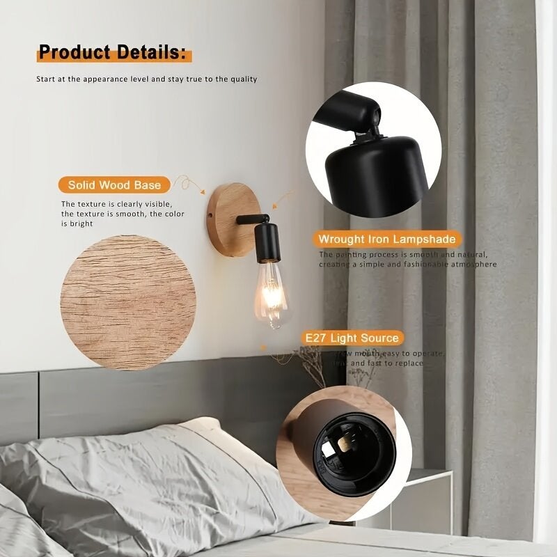 Aplique de Pared Giratorio de Madera con Casquillo E27, Estilo Vintage Rústico, Color Negro - 8
