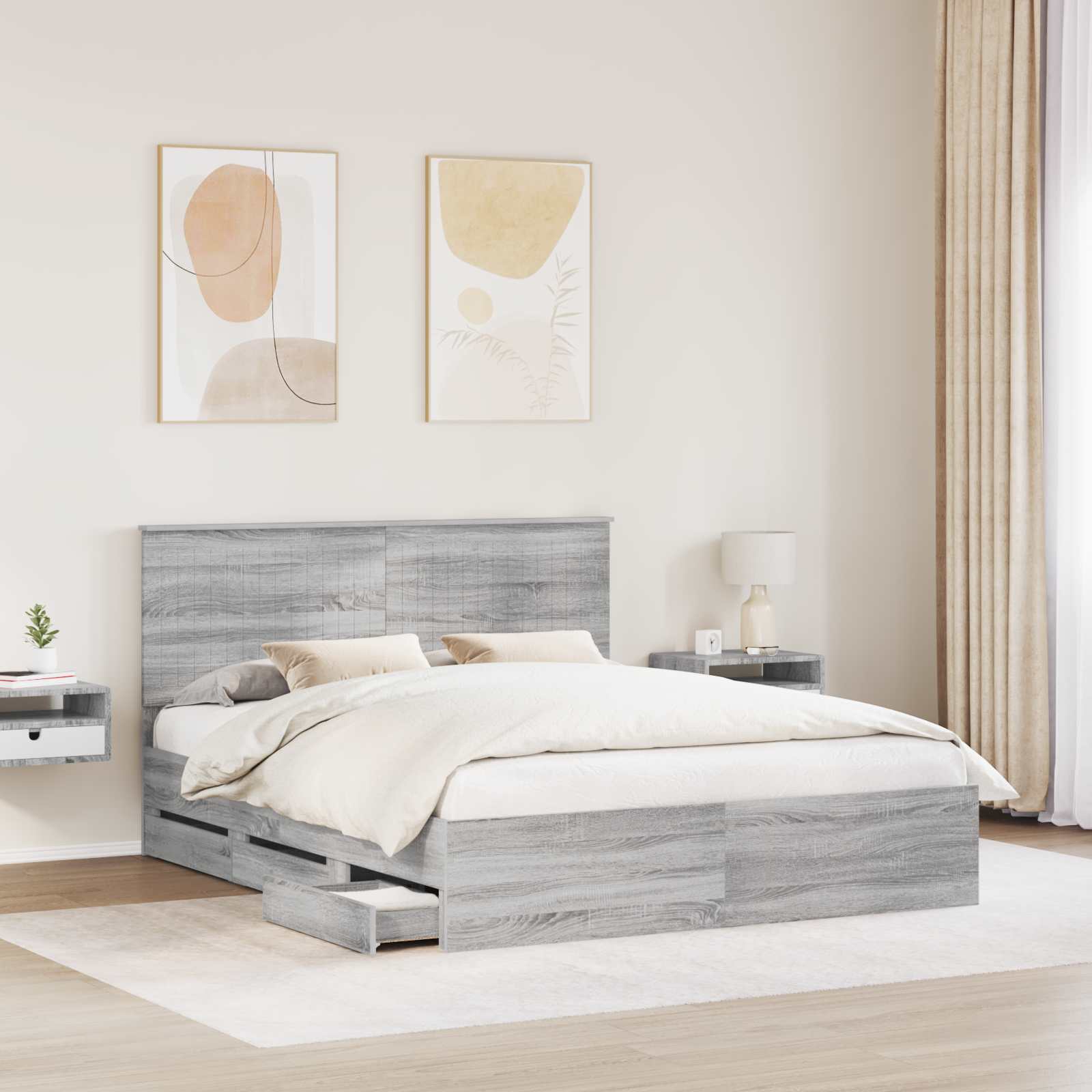 Cadre de lit gris en panneau de bois pour la chambre, 160 × 200 cm - 3