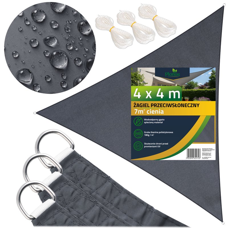 Żagiel przeciwsłoneczny trójkątny ogrodowy 180g na taras wodoodporny 4x4x4m Plonos