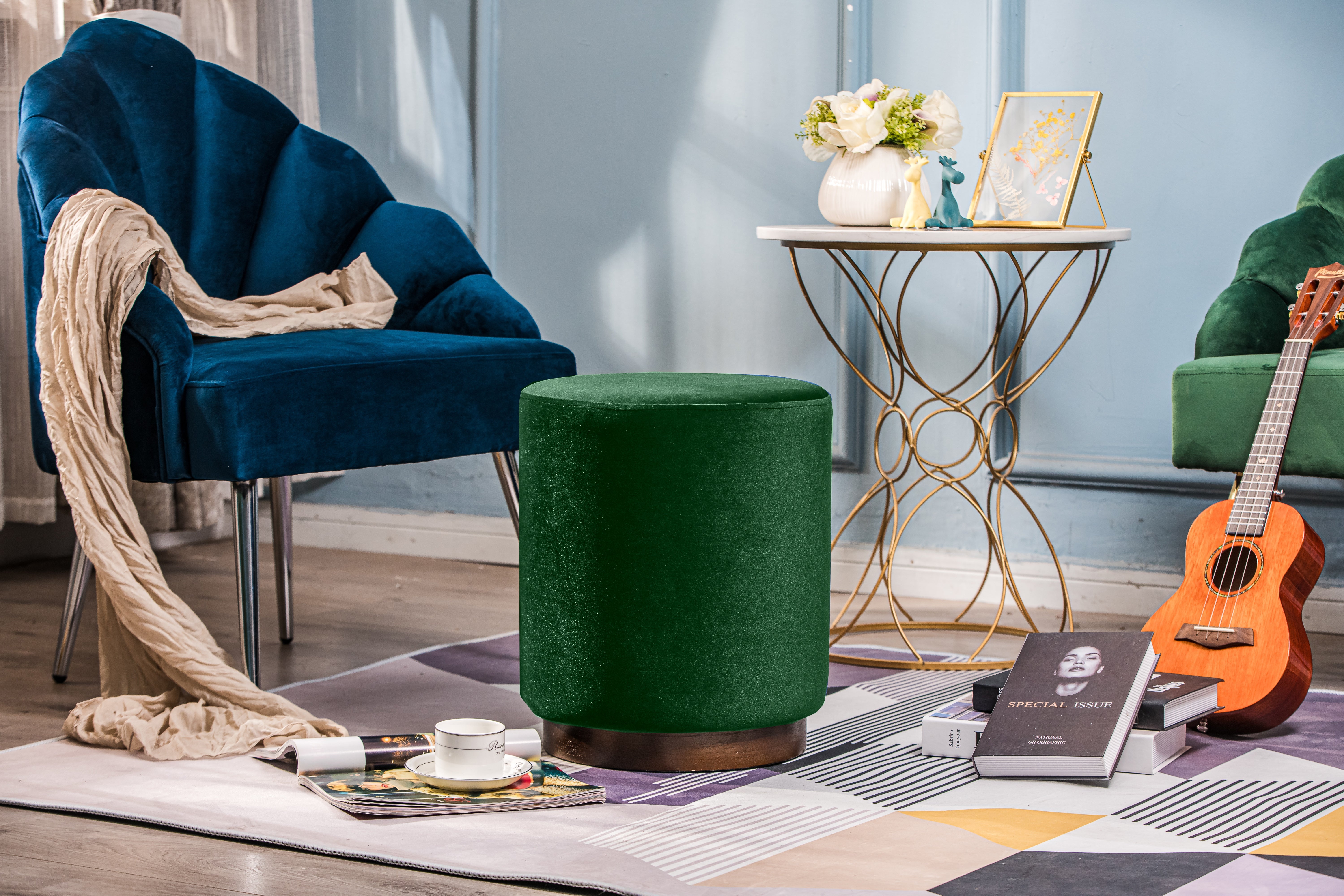 Nordlys - Pouf de Salon Base en Bois Marron Velours Vert - 3