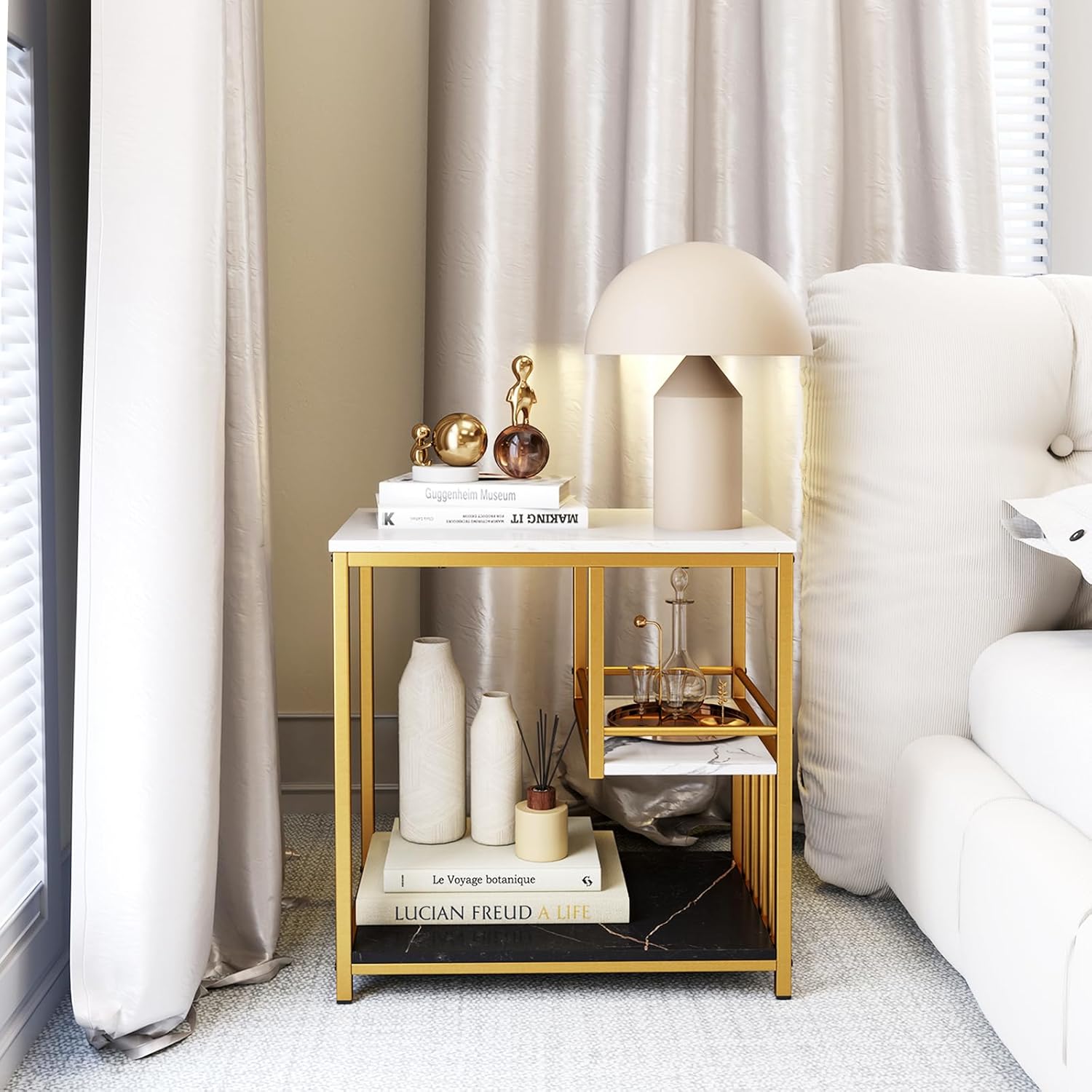 Tavolino da Salotto, Tavolino Basso da Divano con 3 Ripiani in Marmo Finto e Struttura in Metallo, Tavolino Rettangolare Moderno per Soggiorno - 4