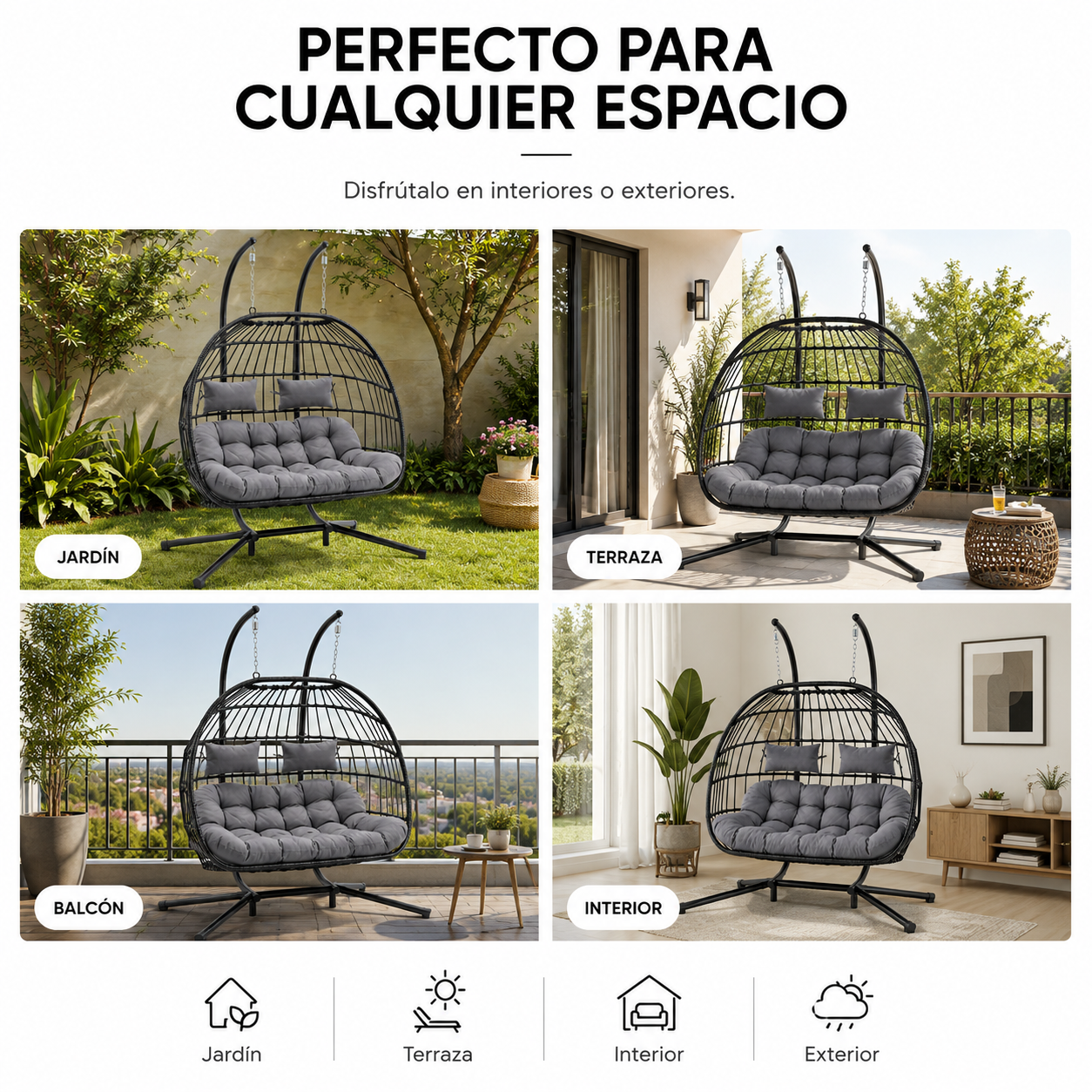 Cadeira suspensa desmontável 2 lugares cinza com almofada 280 kg - 7