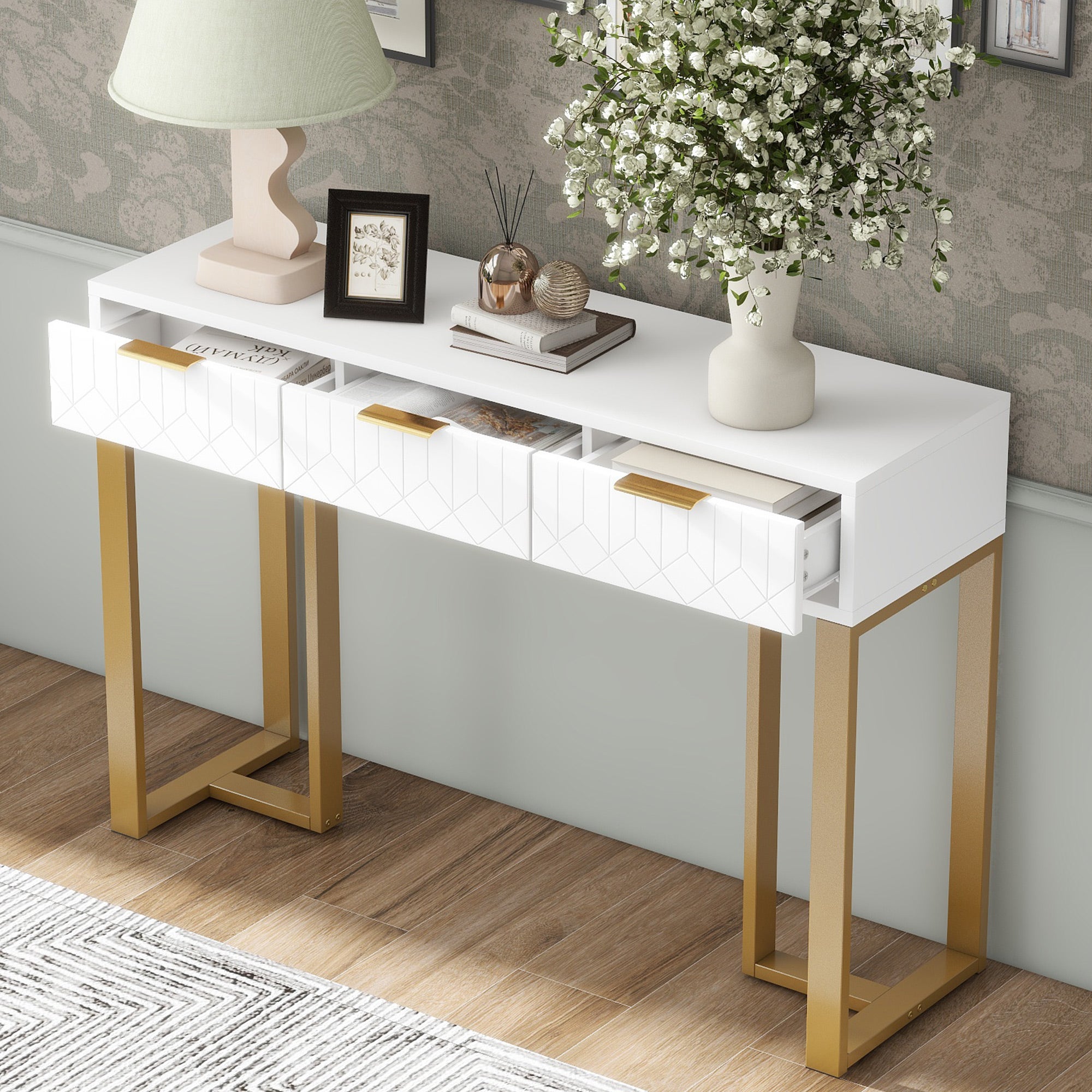 Table console moderne avec 3 tiroirs - 120 x 36 x 80 cm - MDF - pour salon, couloir - blanc + or - 3