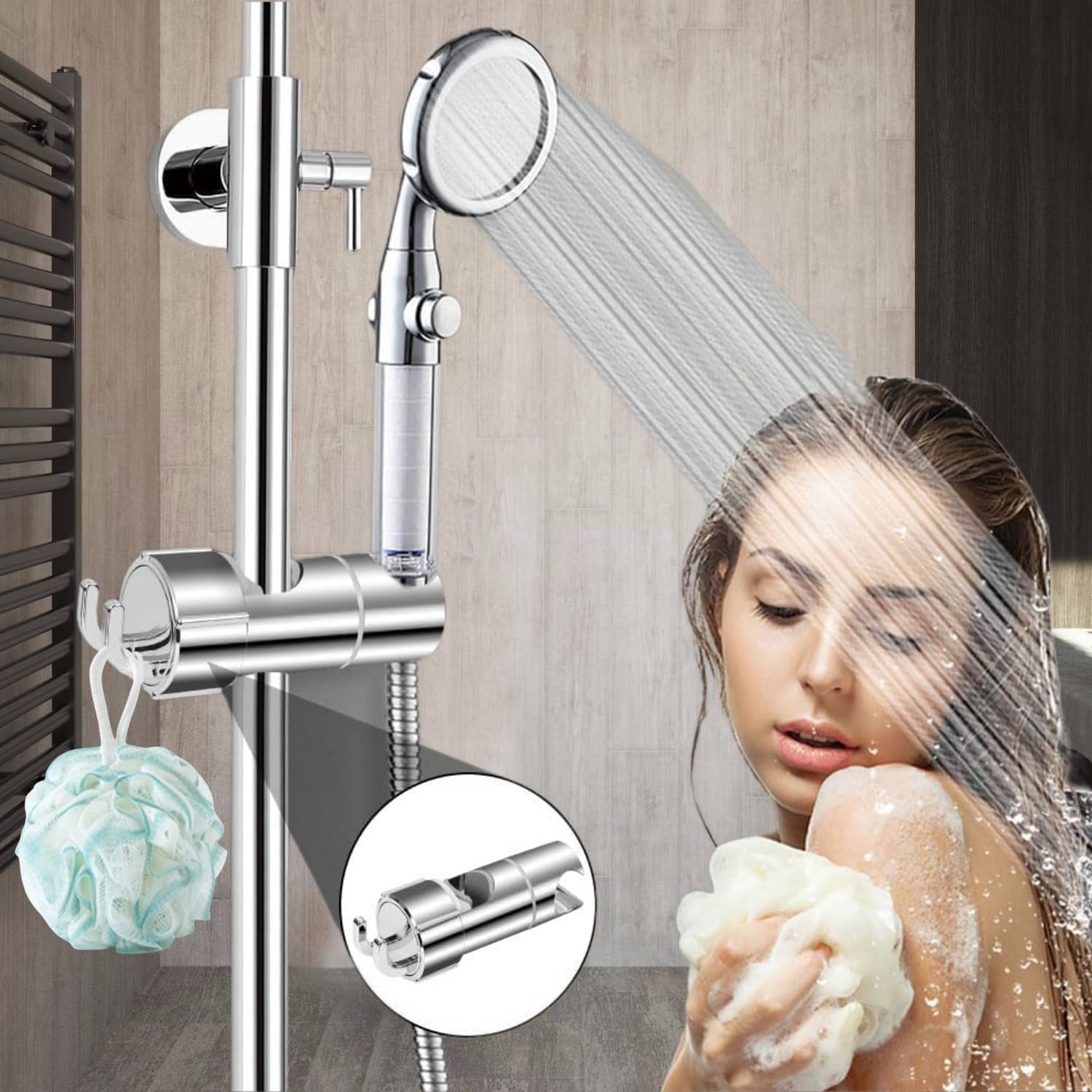 Support de pommeau de douche avec 2 crochets, support de douche à main, réglable à 360°, double antidérapant, facile à installer, argent - 7