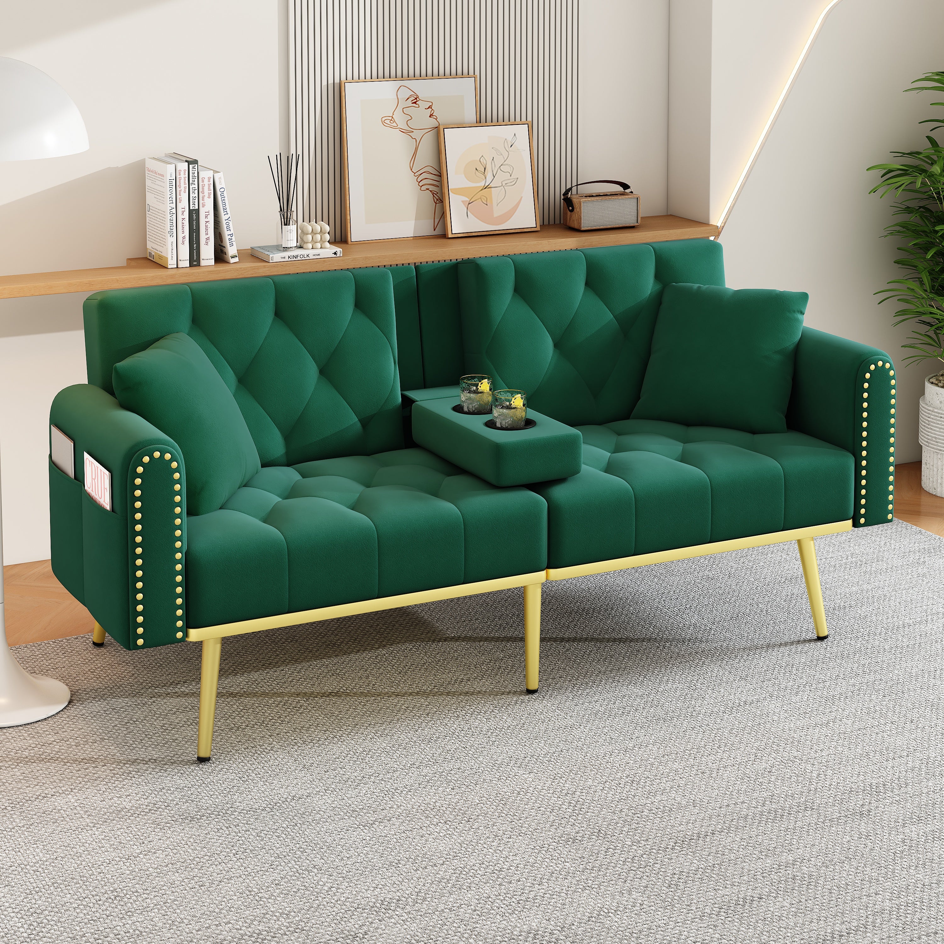 Sofa rozkładana 2-osobowa z aksamitu - 3-stopniowa regulacja oparcia - 175 x 80 x 73,5 cm - Złote metalowe nogi - Zielony