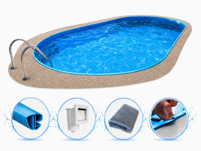 Piscina interrata ovale Ibiza 1,35 m/3,20×6m, parete in acciaio da 0,7 mm, con liner, skimmer, tappeto di fondo e profili.