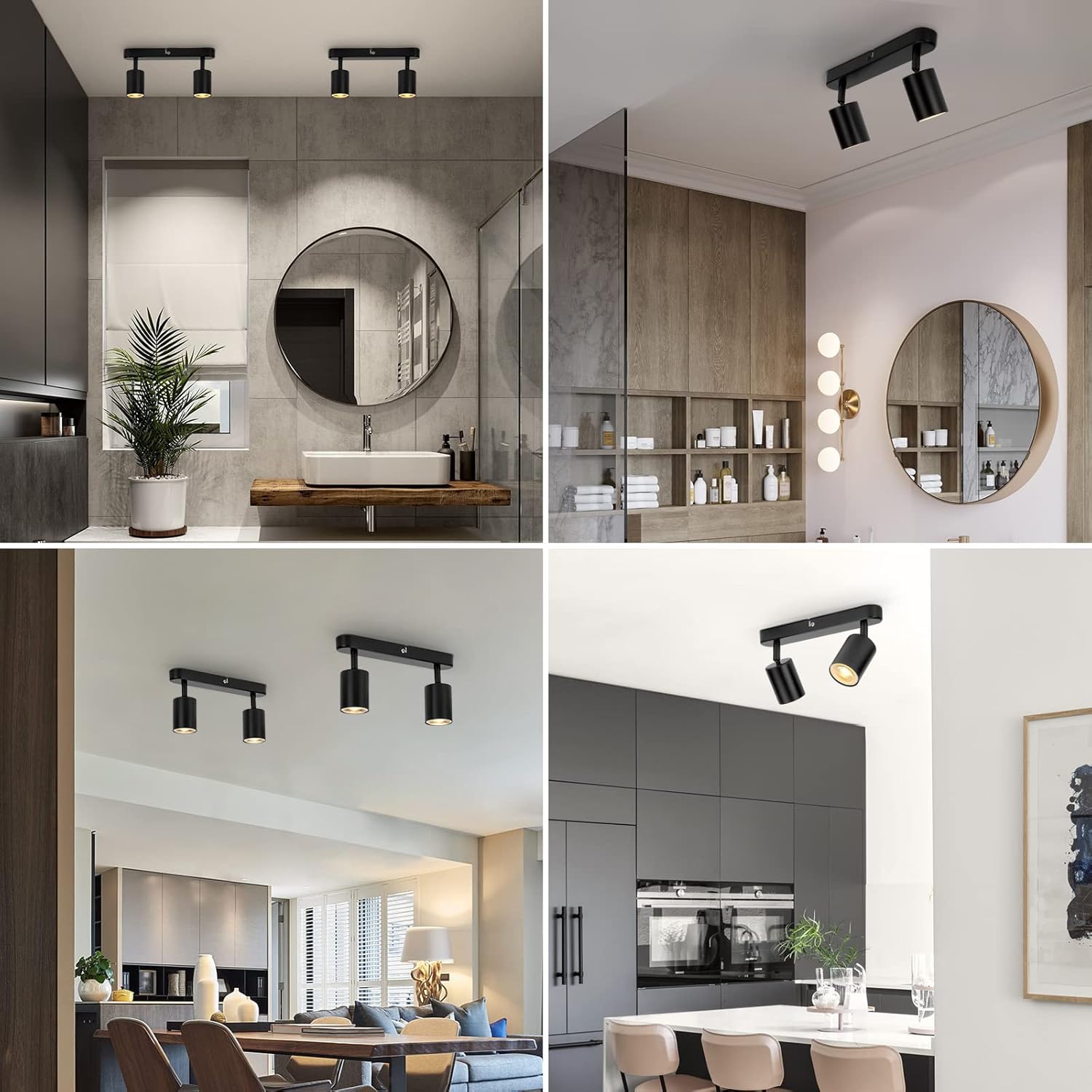 Plafonnier LED 2 Spots Orientables GU10, 2 Spots Pivotants, Plafonnier Cuisine Éclairage de Plafond, Applique murale LED Noir (Sans Ampoule) - 8