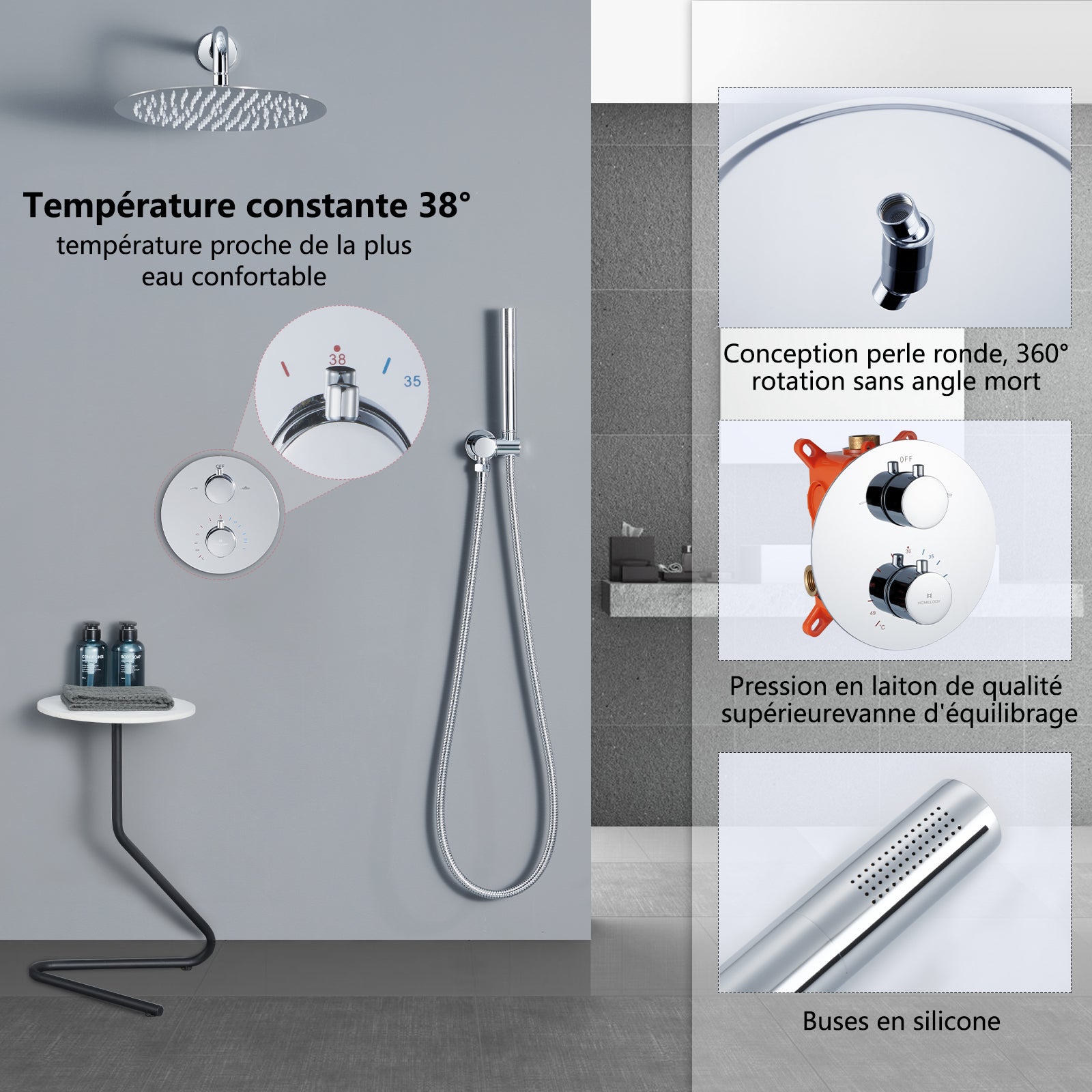 Encastré Colonne de Douche Thermostatique Système de Douche Rond Grande Douche de Tête Set de Douche Encastrée en Laiton Chromé Design Moderne - 3