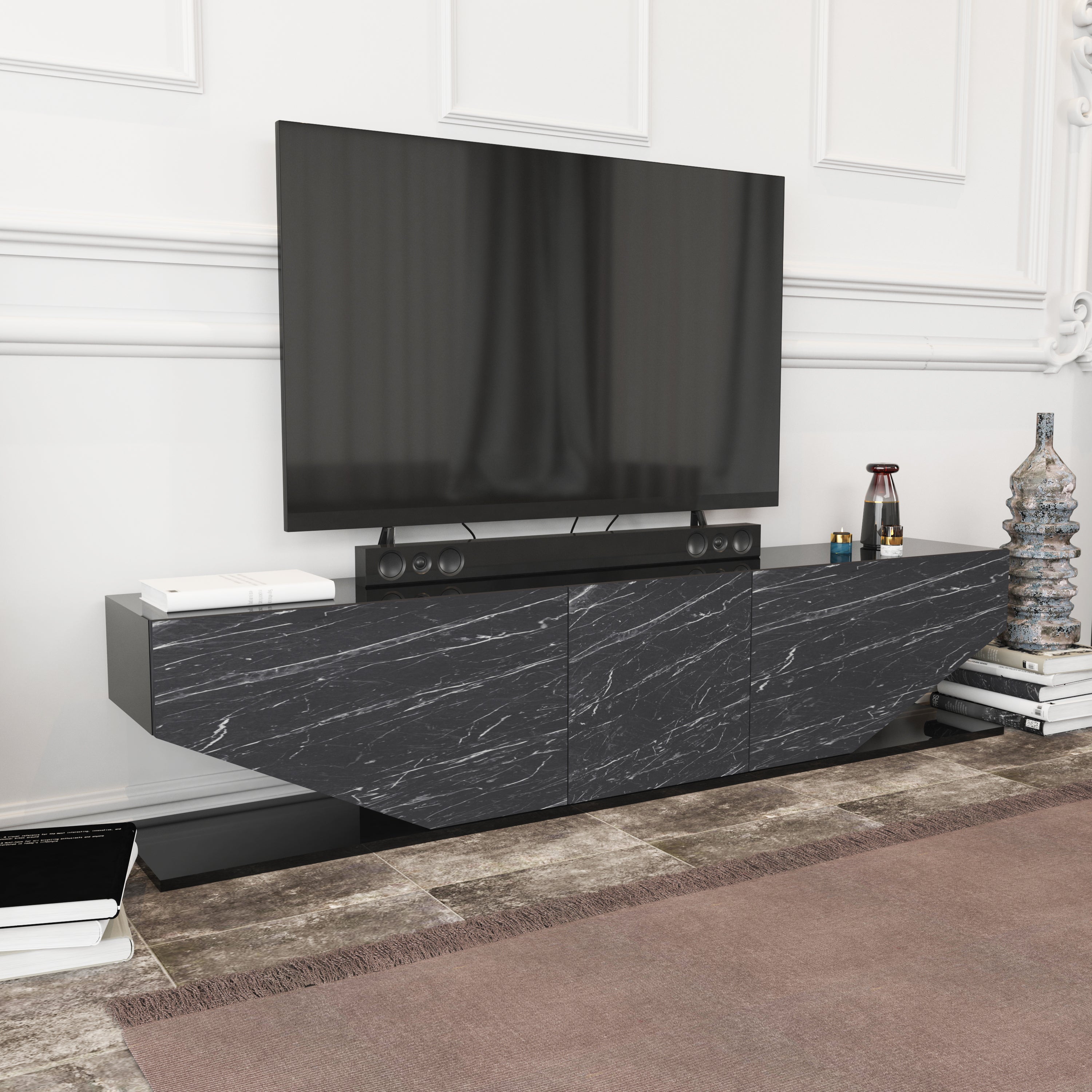 Meuble TV Pearl de 180 cm avec des armoires en style ailes (effet marbre noir) - 4