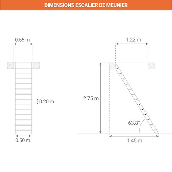 Escalier bois 13 marches - Hauteur à franchir 2.75m - Sans rampes - Largeur 0,50m - COTTAGE-P-275 - 2