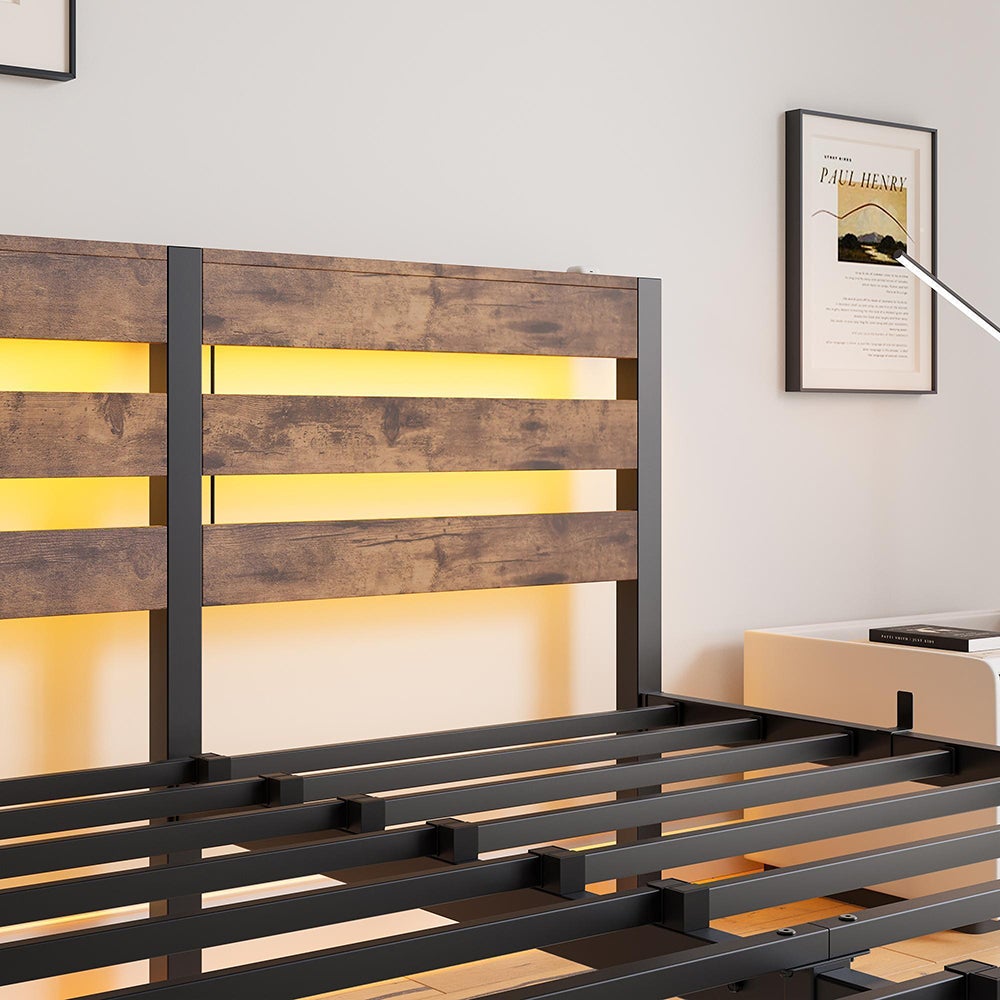 Łóżko dla dorosłych z oświetleniem LED i stacją ładującą USB, metalowa konstrukcja, materac nie wchodzi w skład zestawu, brązowe - 140 x 190 cm - 8