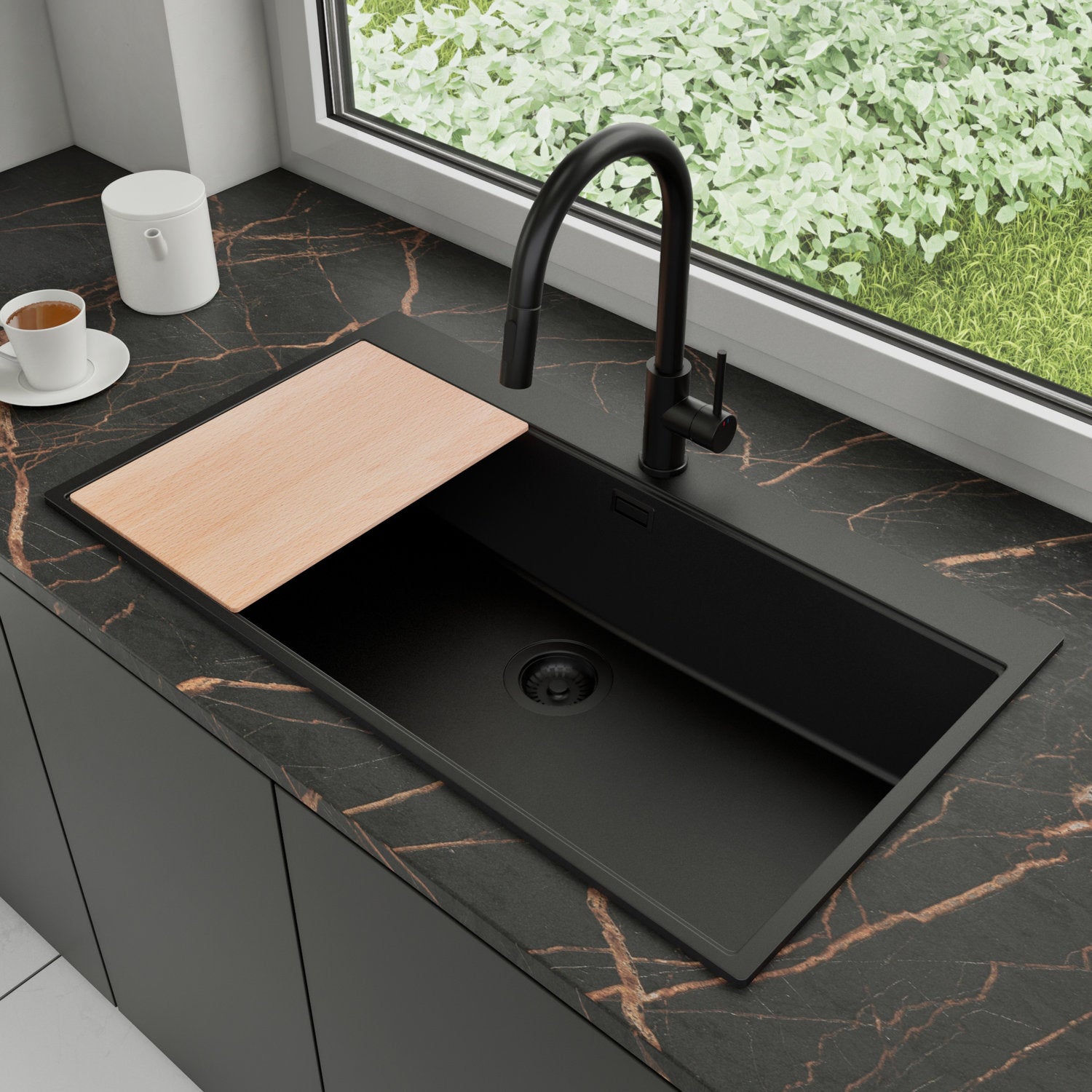 Zlewozmywak Granitowy 88x50cm, do szafki od 90cm + Bateria + Syfon + Deska - Rubin Cały Czarny STONESTYLE