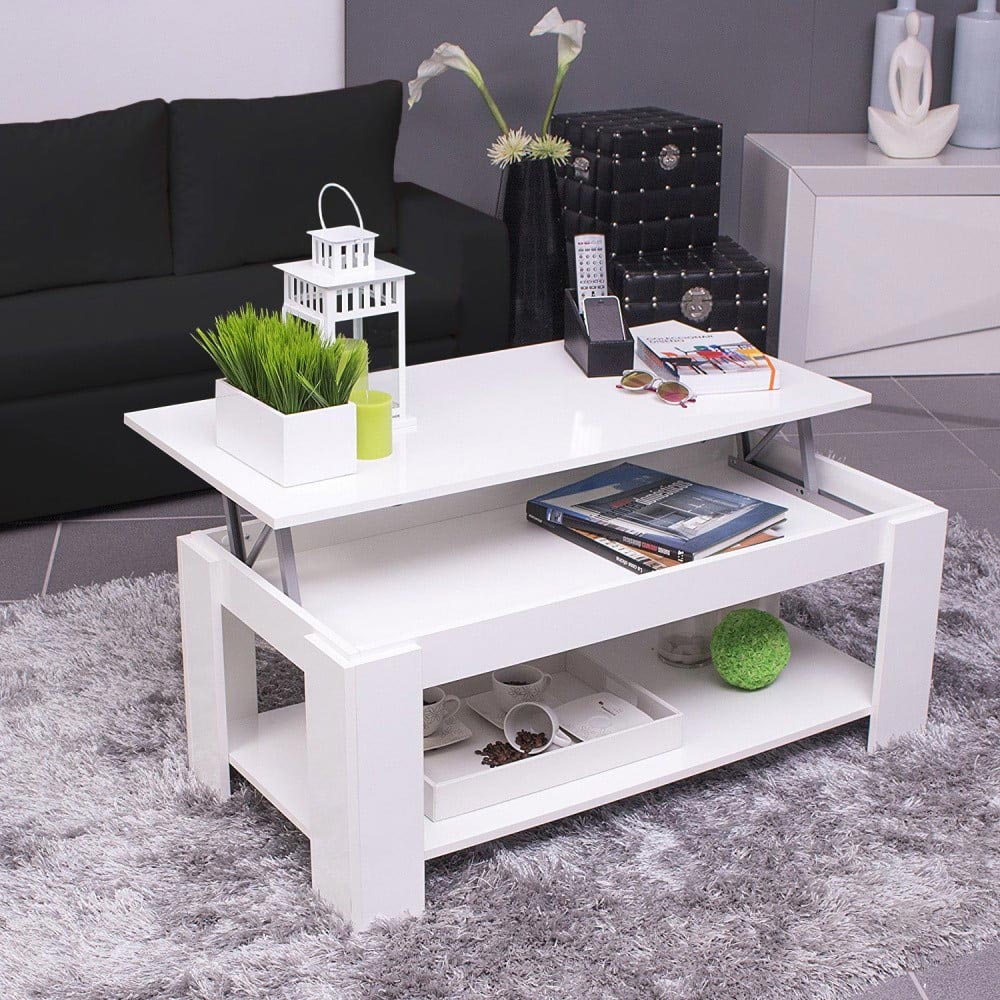 Tavolino Soggiorno con Rialzo Contenitore Tavolo Salotto Moderno Apribile Bianco - 4